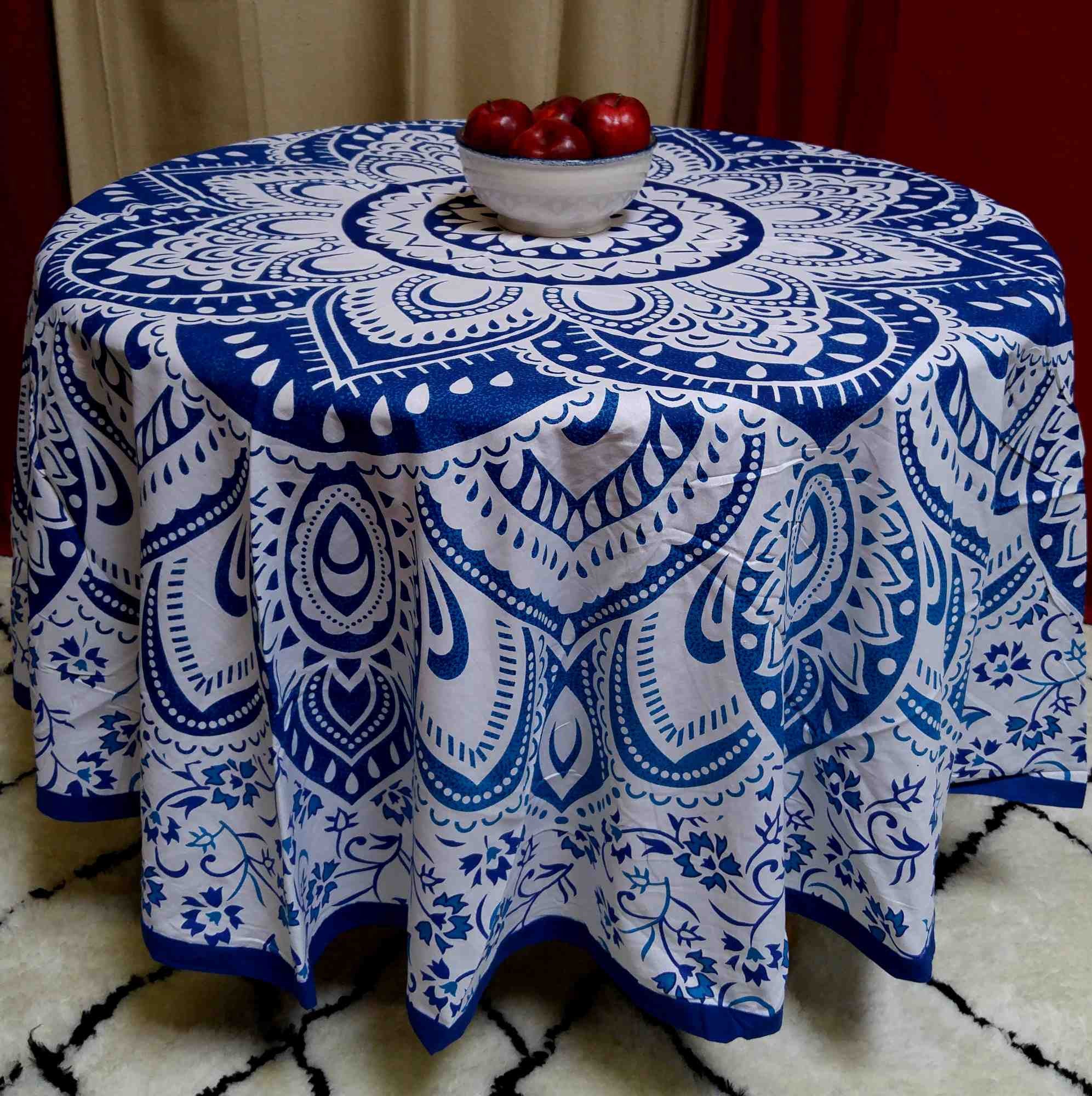 Cotton Blooming Floral Tablecloth Round 81-inch Beach Sheet Beach Throw Green Blue - Sweet Us