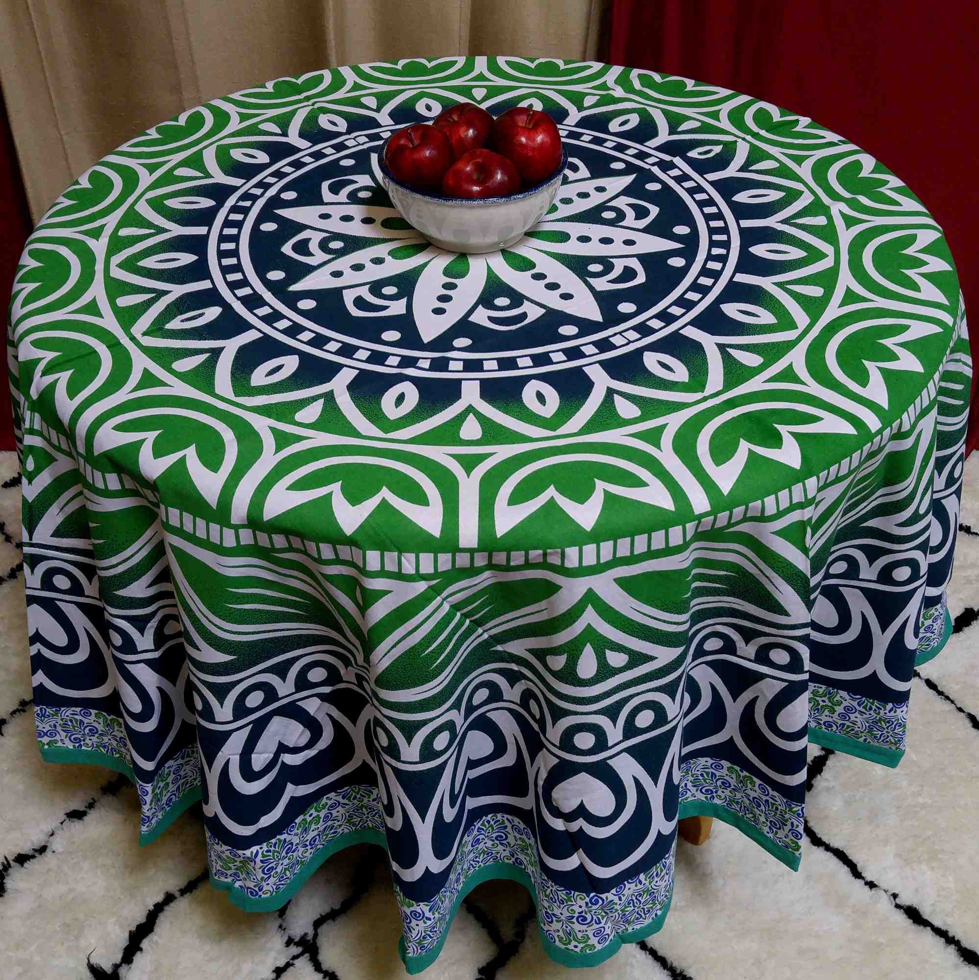 Handmade 100% Cotton Floral Heart Design 81" Inch Round Tablecloth Beach Sheet Beach Throw Blue Green - Sweet Us