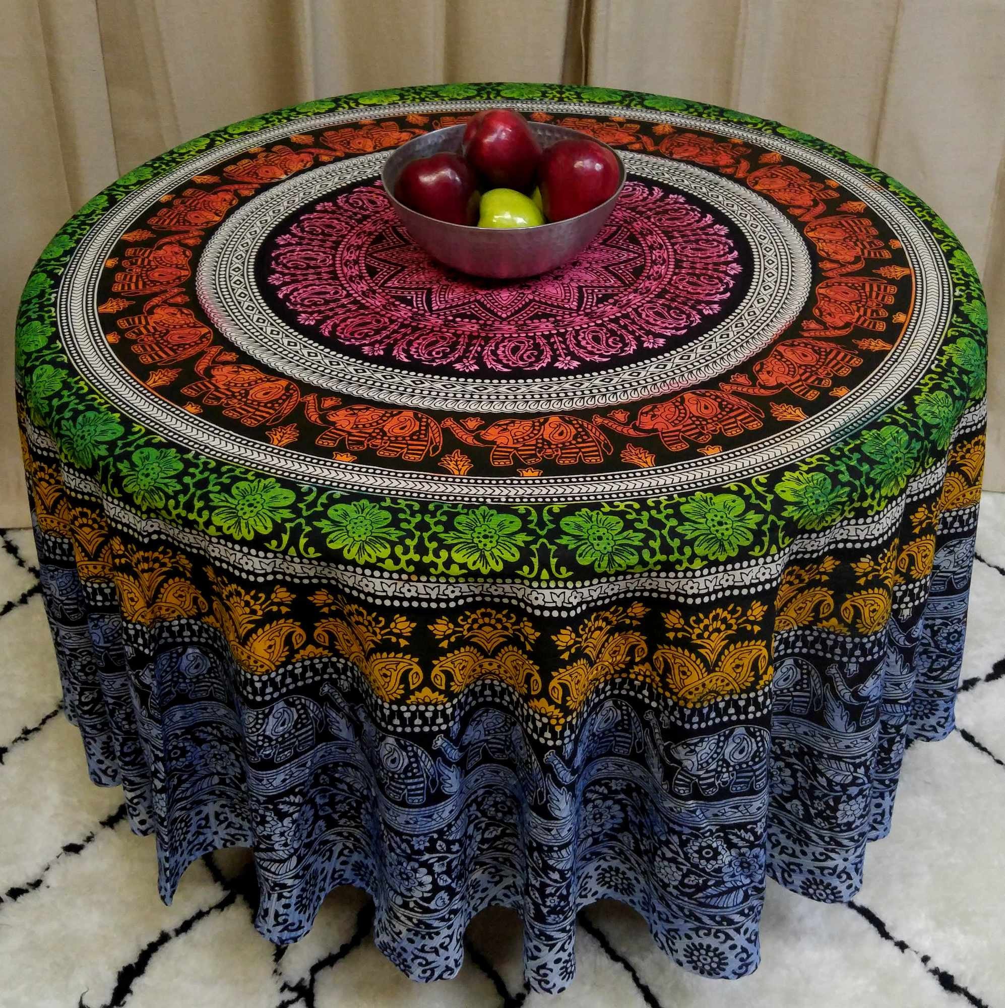 Handmade 100% Cotton Elephant Mandala Floral 81" Round Tablecloth Blue Green Yellow Red - Sweet Us