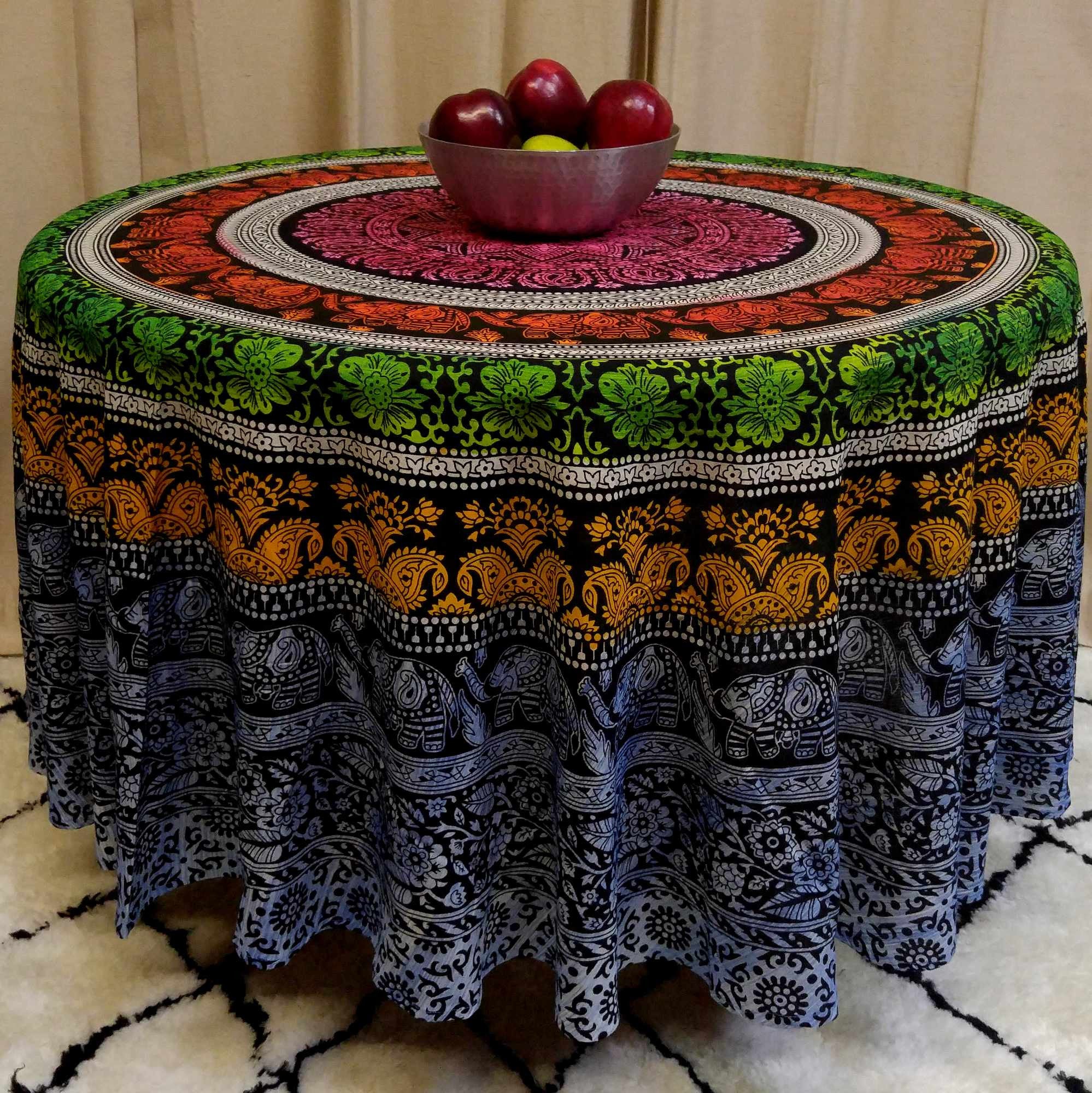 Handmade 100% Cotton Elephant Mandala Floral 81" Round Tablecloth Blue Green Yellow Red - Sweet Us