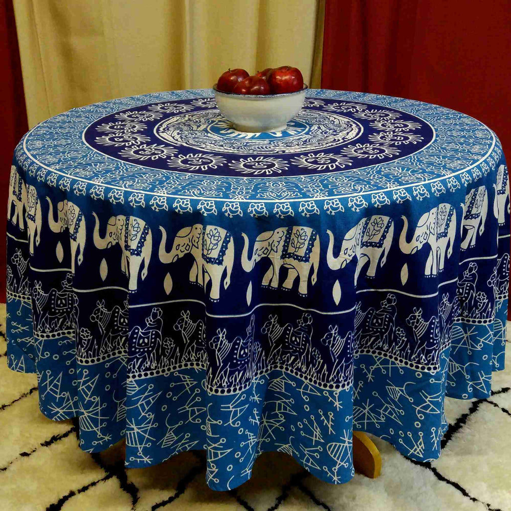 Handmade 100% Cotton Elephant Mandala Floral 81" Round Tablecloth Blue Green Yellow Red - Sweet Us