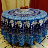 Handmade 100% Cotton Elephant Mandala Floral 81" Round Tablecloth Blue Green Yellow Red - Sweet Us