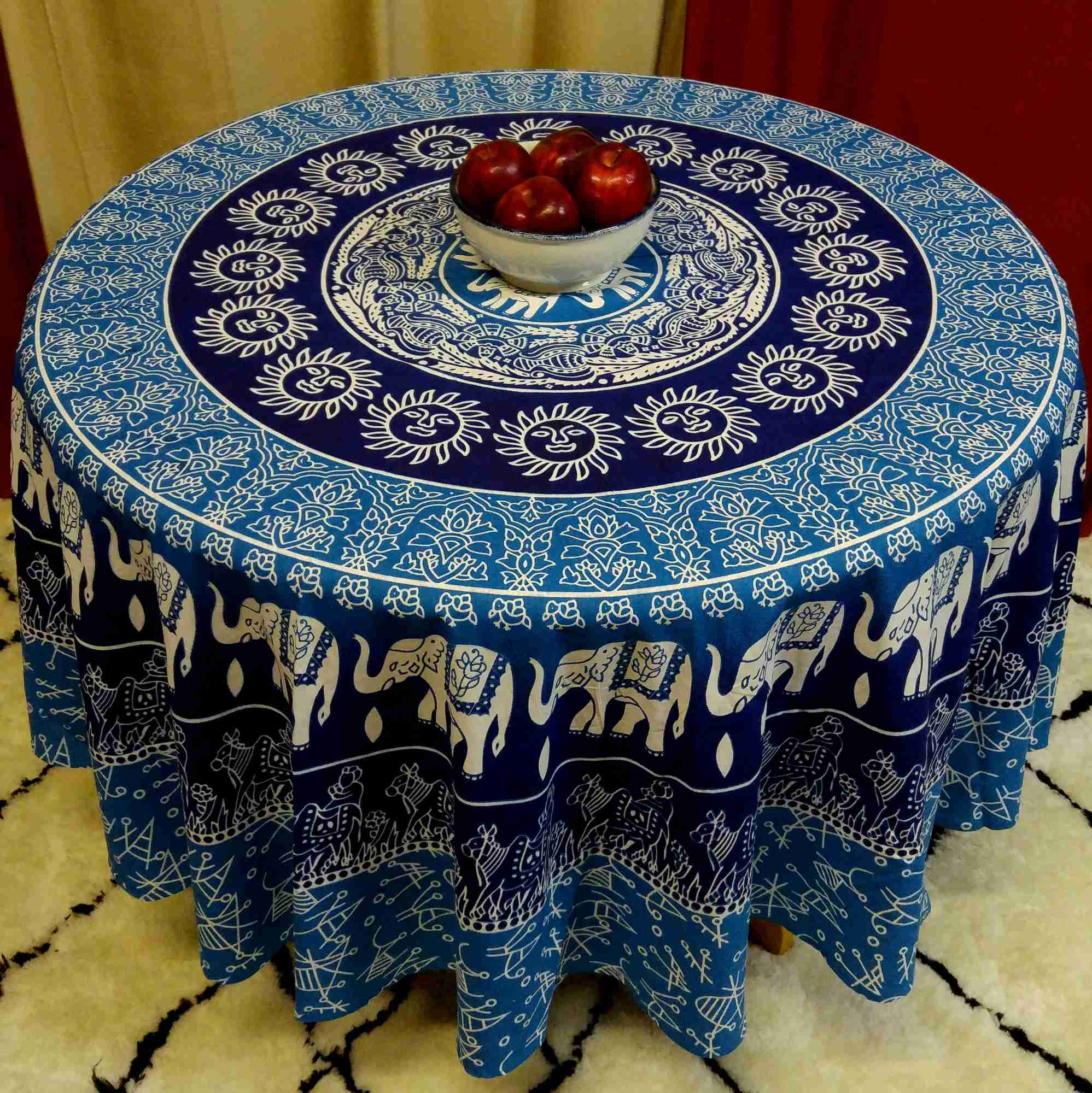 Handmade 100% Cotton Elephant Mandala Floral 81" Round Tablecloth Blue Green Yellow Red - Sweet Us