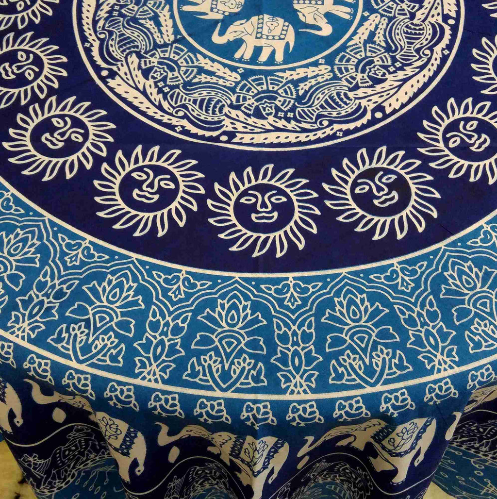 Handmade 100% Cotton Elephant Mandala Floral 81" Round Tablecloth Blue Green Yellow Red - Sweet Us