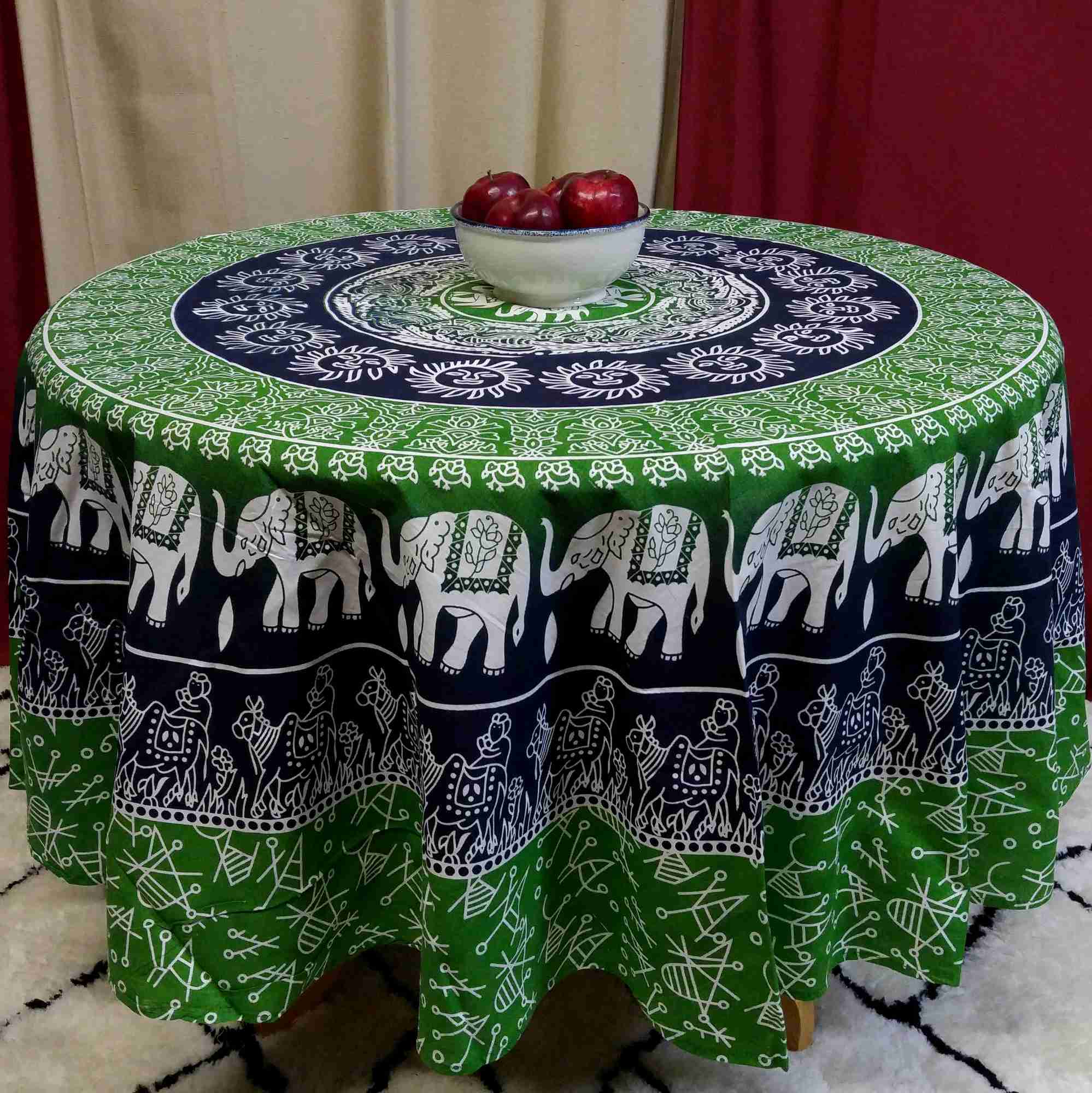 Handmade 100% Cotton Elephant Mandala Floral 81" Round Tablecloth Blue Green Yellow Red - Sweet Us