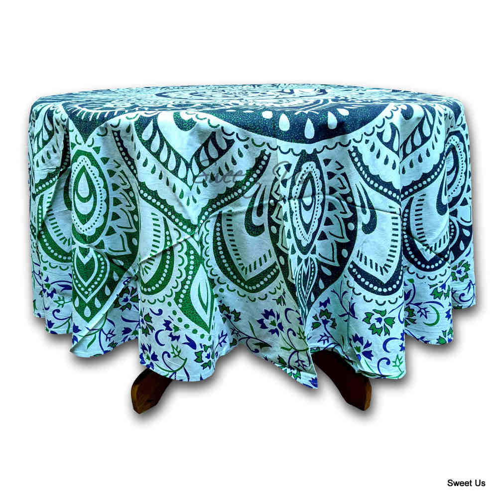 Cotton Blooming Floral Tablecloth Round 81-inch Beach Sheet Beach Throw Green Blue - Sweet Us