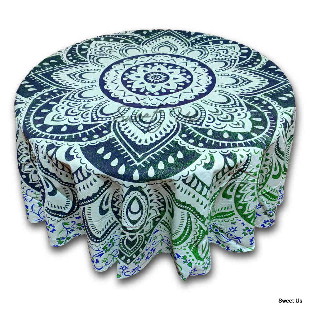 Cotton Blooming Floral Tablecloth Round 81-inch Beach Sheet Beach Throw Green Blue