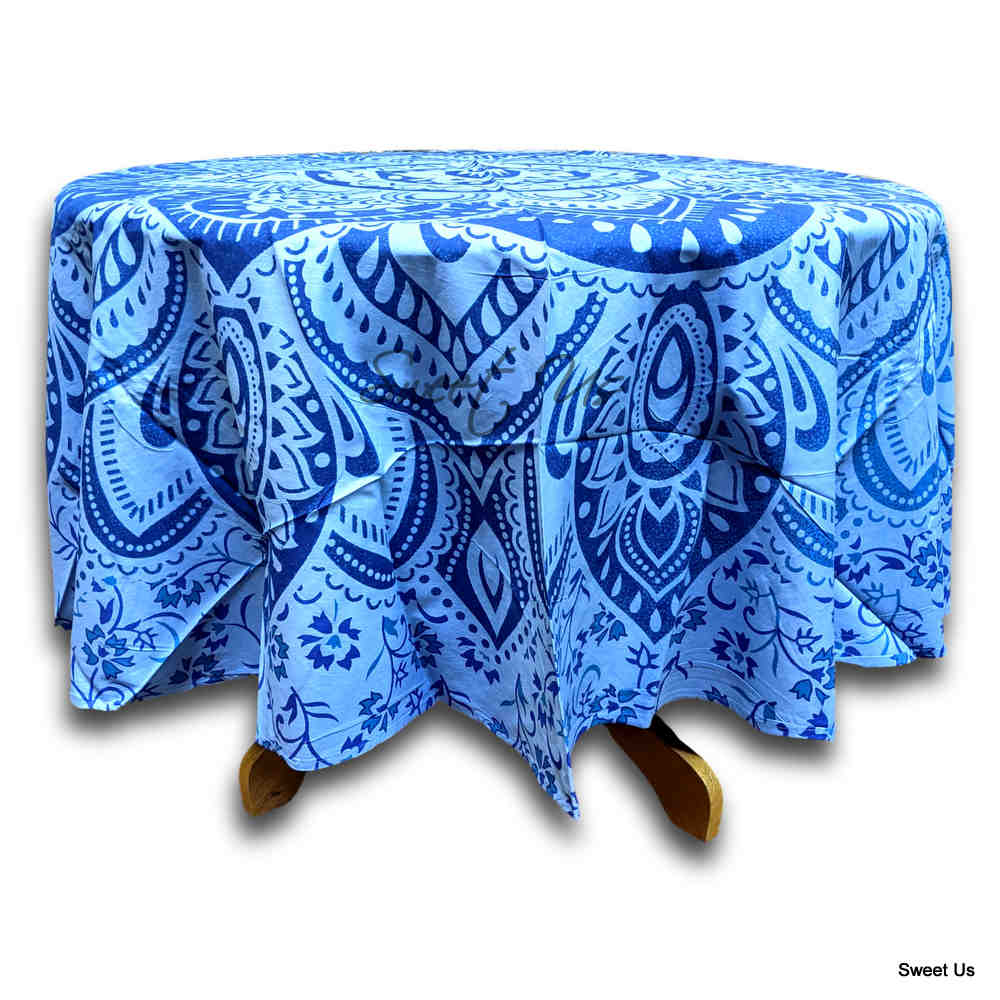 Cotton Blooming Floral Tablecloth Round 81-inch Beach Sheet Beach Throw Green Blue - Sweet Us
