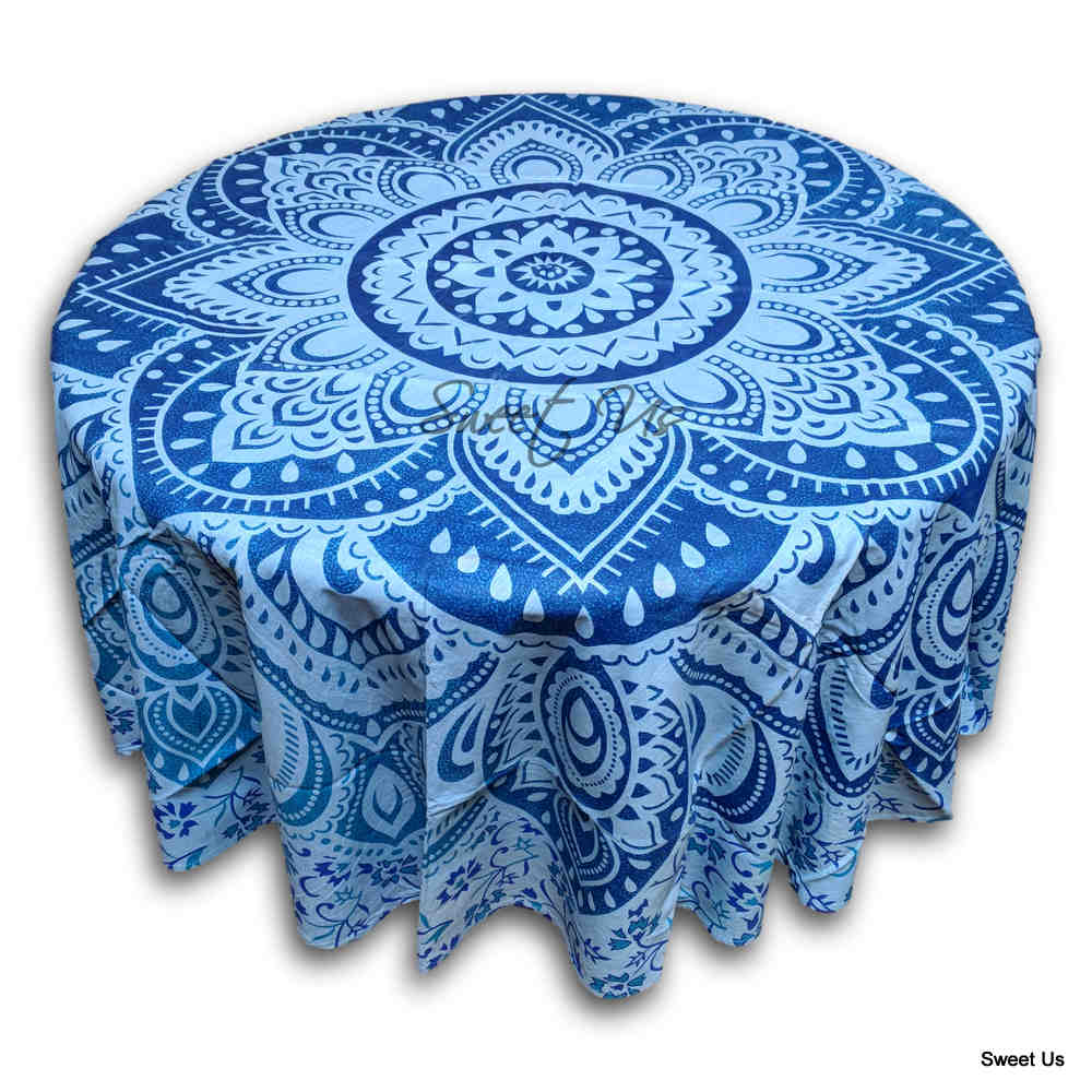 Cotton Blooming Floral Tablecloth Round 81-inch Beach Sheet Beach Throw Green Blue