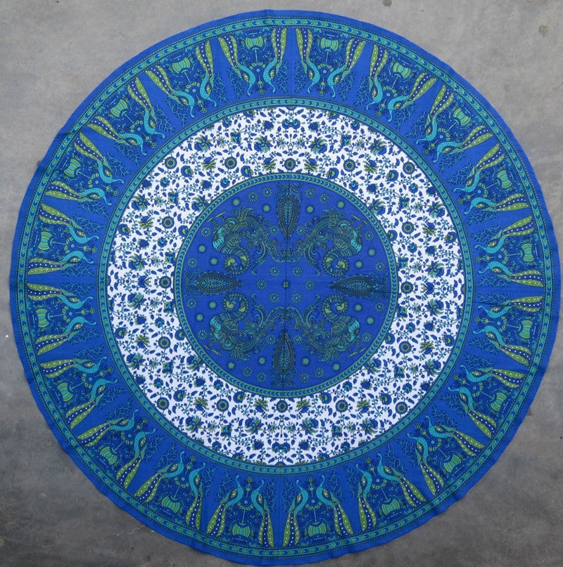 Clearance Sale Handmade 100% Cotton Floral Peacock 72 Inch Round Tablecloth Astonishing Blue - Sweet Us