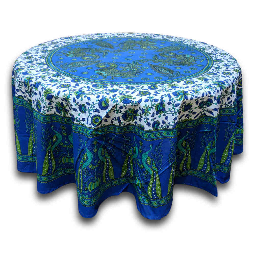 Cotton Peacock Floral Tablecloth Round 72 Inches Blue Green, Red Tan - Sweet Us