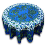 Cotton Peacock Floral Tablecloth Round 72 Inches Blue Green, Red Tan - Sweet Us