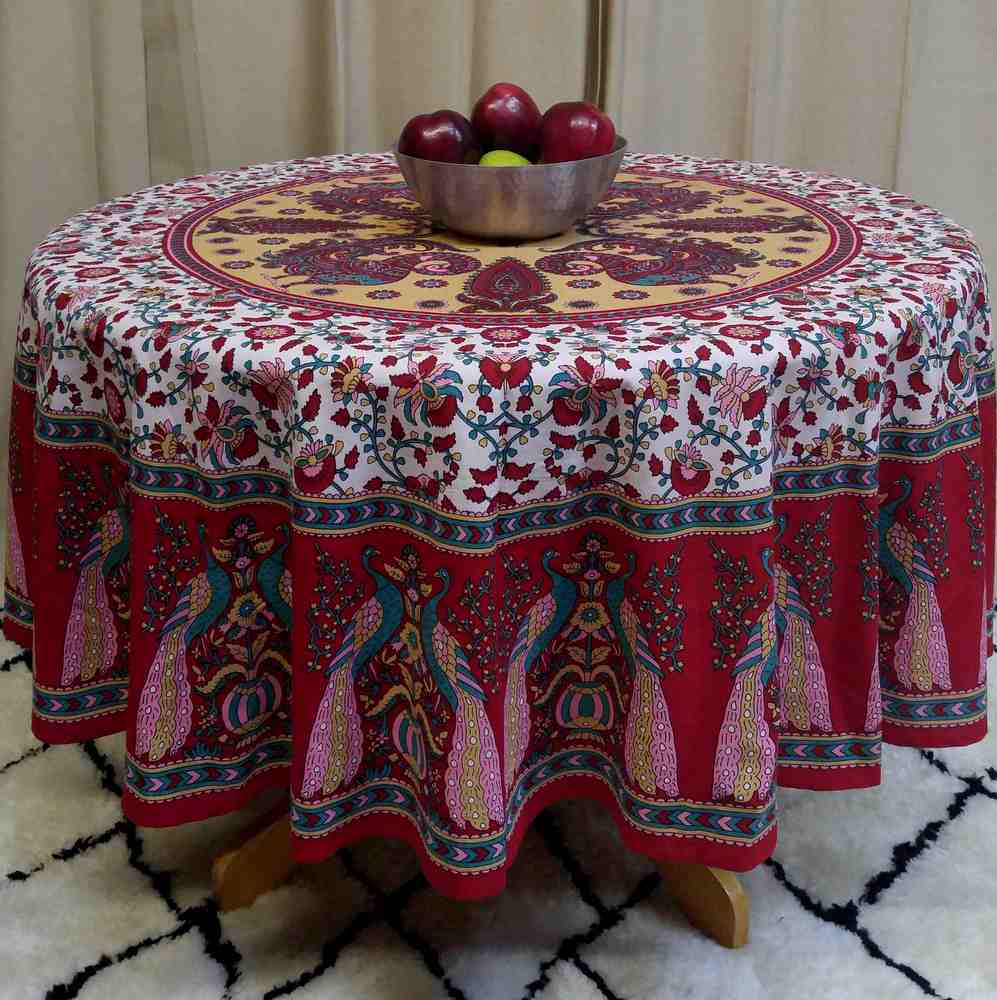 Cotton Peacock Floral Tablecloth Round 72 Inches Blue Green, Red Tan - Sweet Us