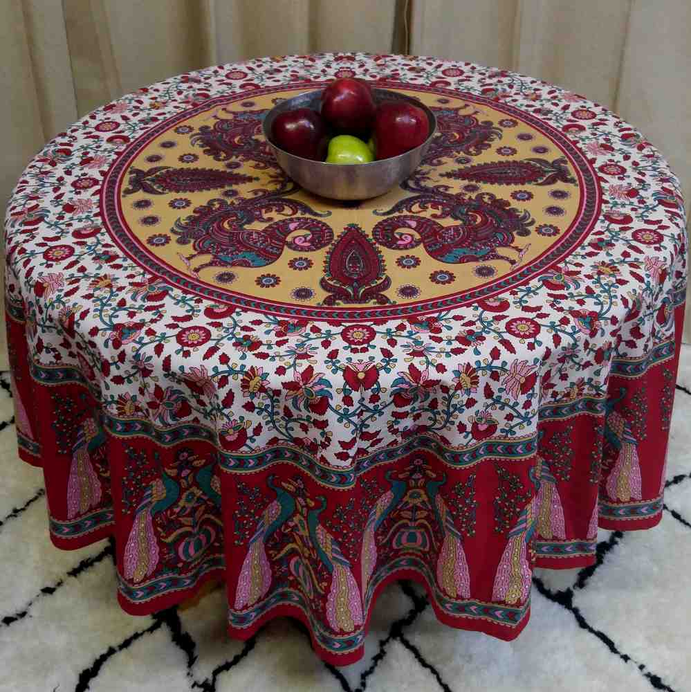 Cotton Peacock Floral Tablecloth Round 72 Inches Blue Green, Red Tan - Sweet Us