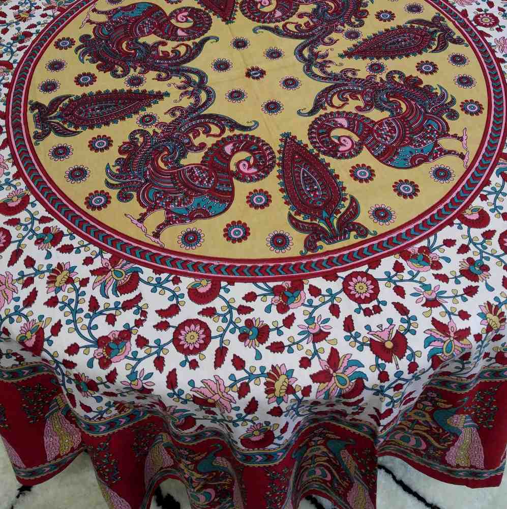 Cotton Peacock Floral Tablecloth Round 72 Inches Blue Green, Red Tan - Sweet Us