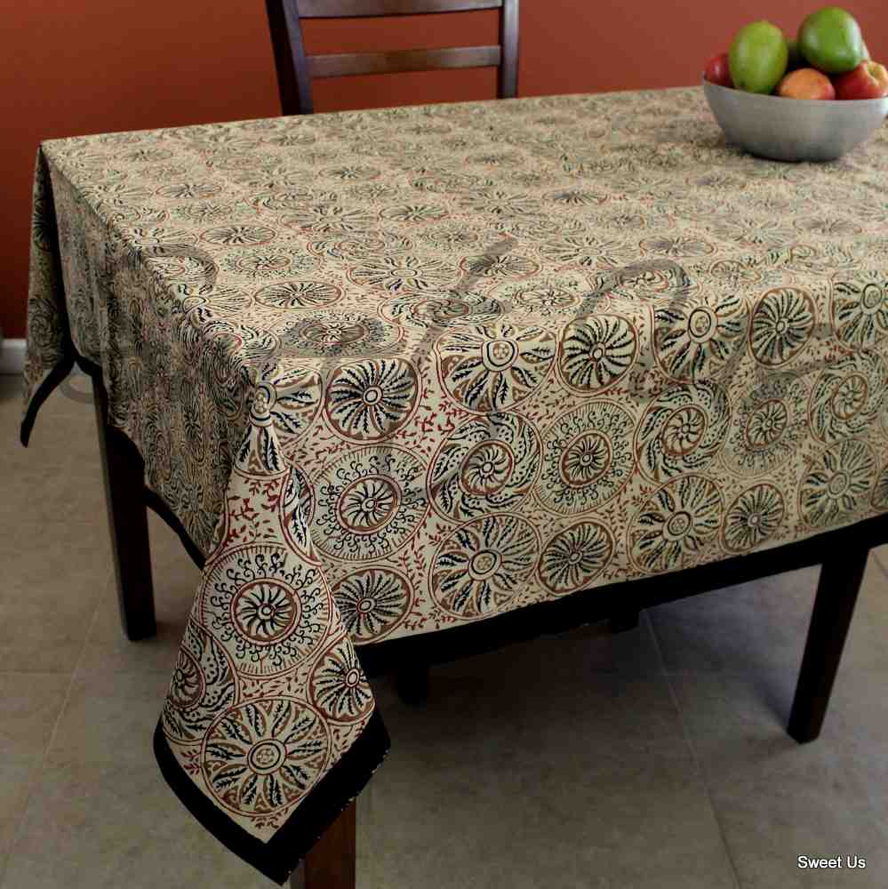 Vegetable Dye Block Print Tablecloth Rectangle, Round, Square, Cotton Linen Tan - Sweet Us