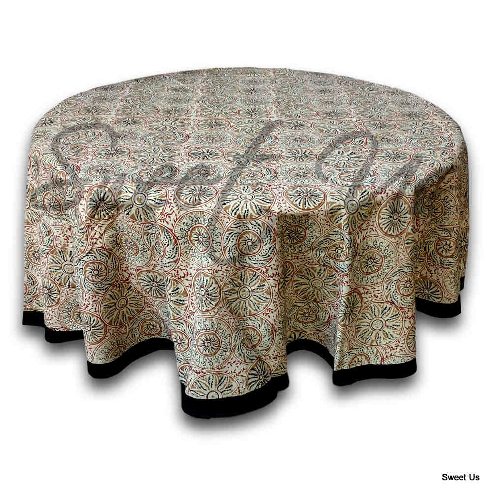 Vegetable Dye Block Print Tablecloth Rectangle, Round, Square, Cotton Linen Tan - Sweet Us