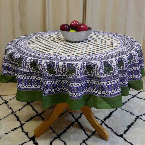 Handmade 100% Cotton Elephant Mandala Floral 60" Round Tablecloth Olive Green Purple Black - Sweet Us