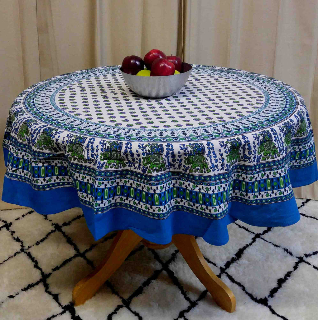 Handmade 100% Cotton Elephant Mandala Floral 60" Round Tablecloth Azure Blue & Green - Sweet Us