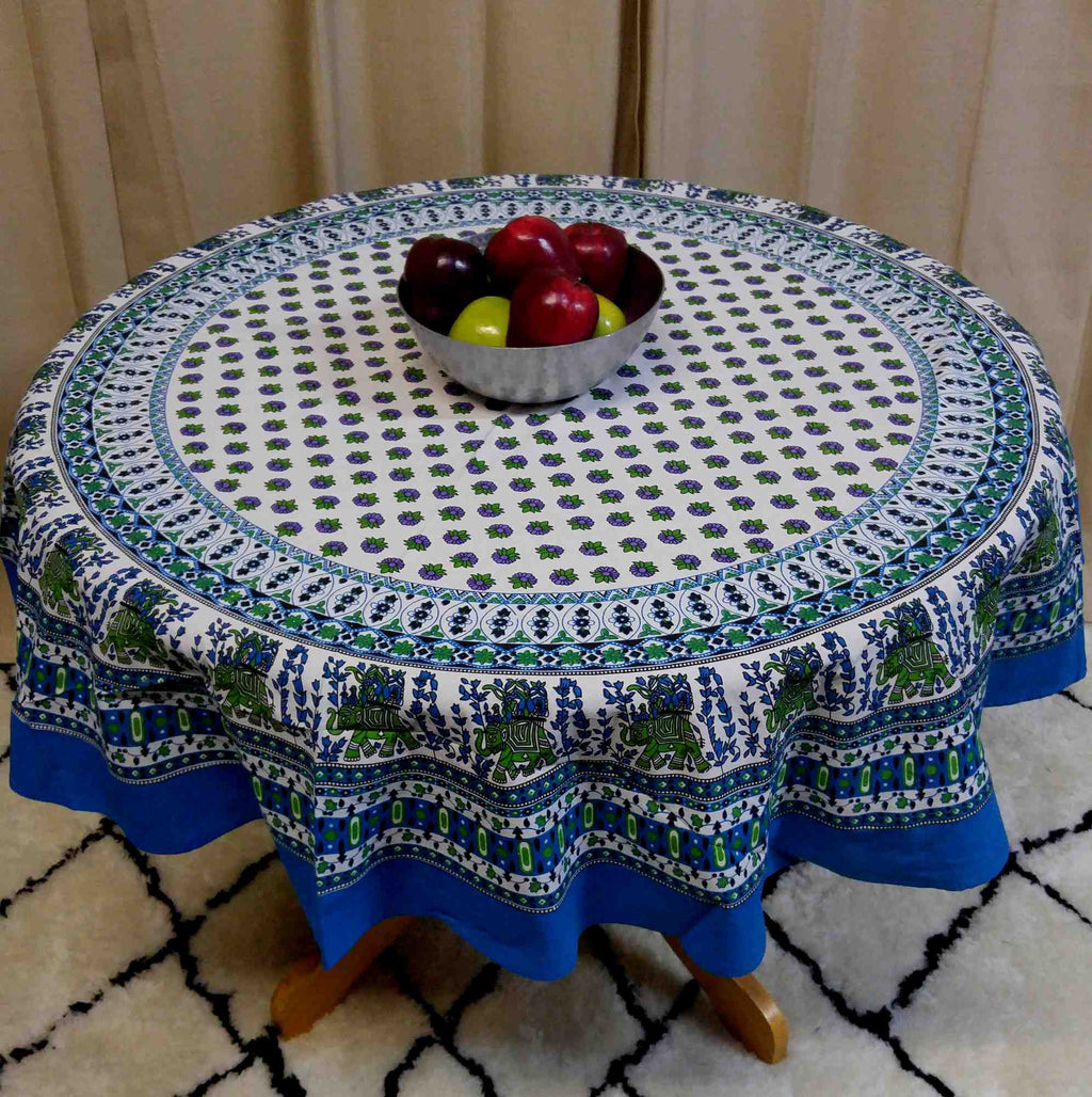 Handmade 100% Cotton Elephant Mandala Floral 60" Round Tablecloth Azure Blue & Green - Sweet Us