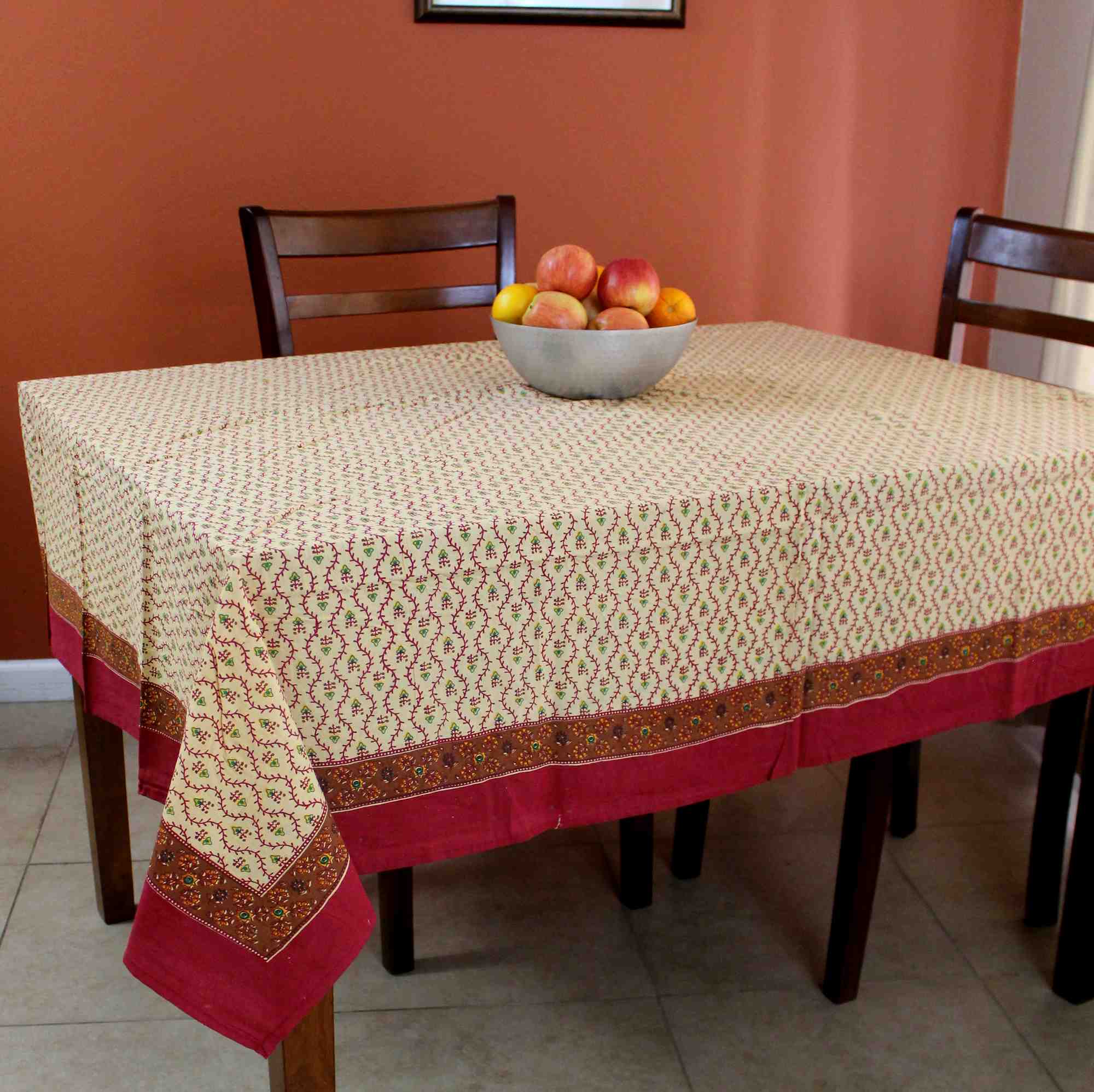 Cotton Floral Vine Square & Round Tablecloth Gold Red Table Linen - Sweet Us