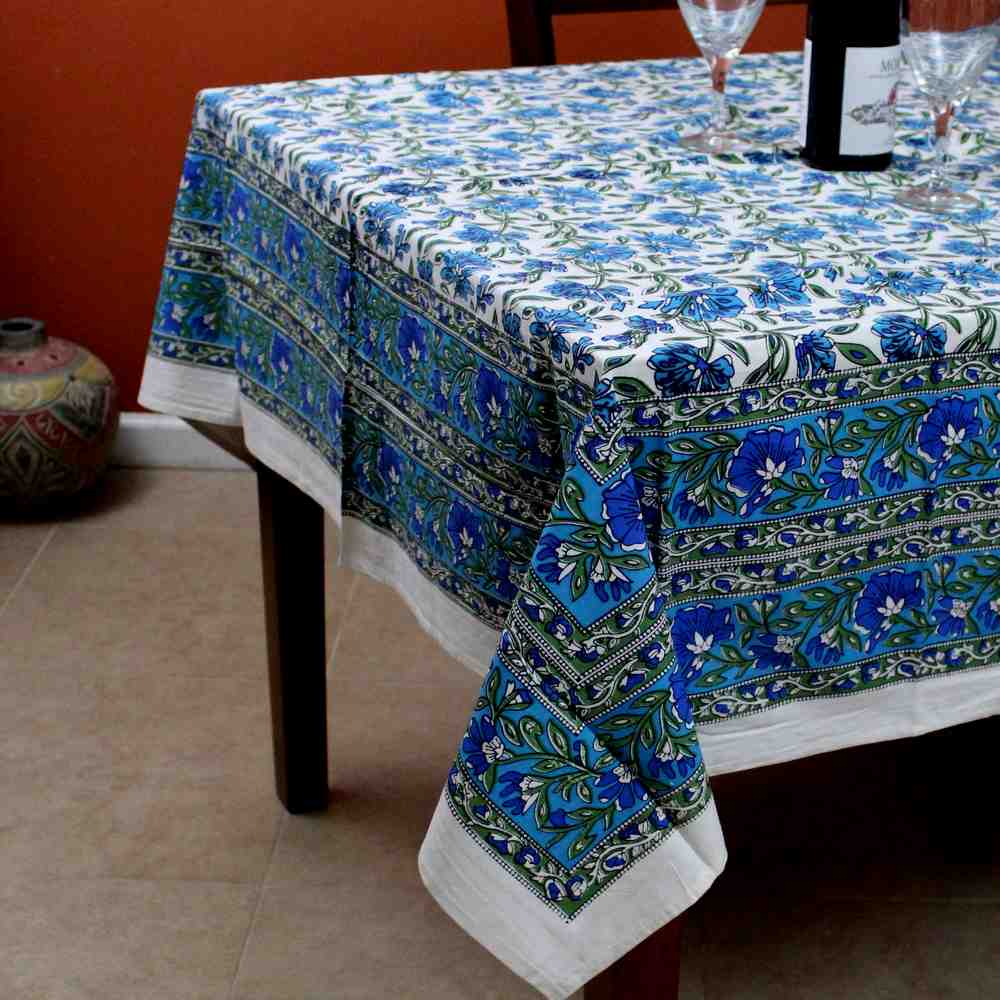 Hand Block Print Cotton Eternal Floral Tablecloth Square 60 x 60 inches Blue Green - Sweet Us