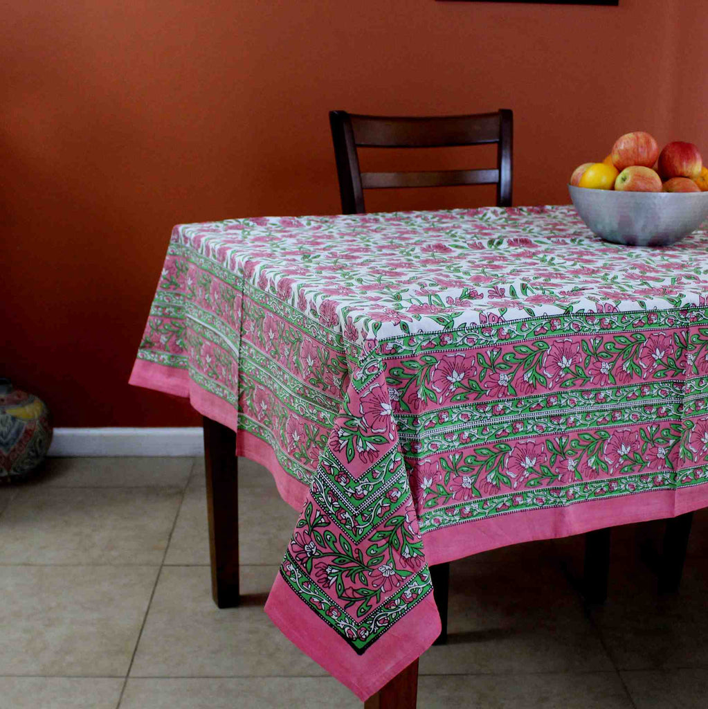 Hand Block Print Floral Cotton Tablecloth Square 60 x 60 inches Pink Green Blue Gold Red - Sweet Us