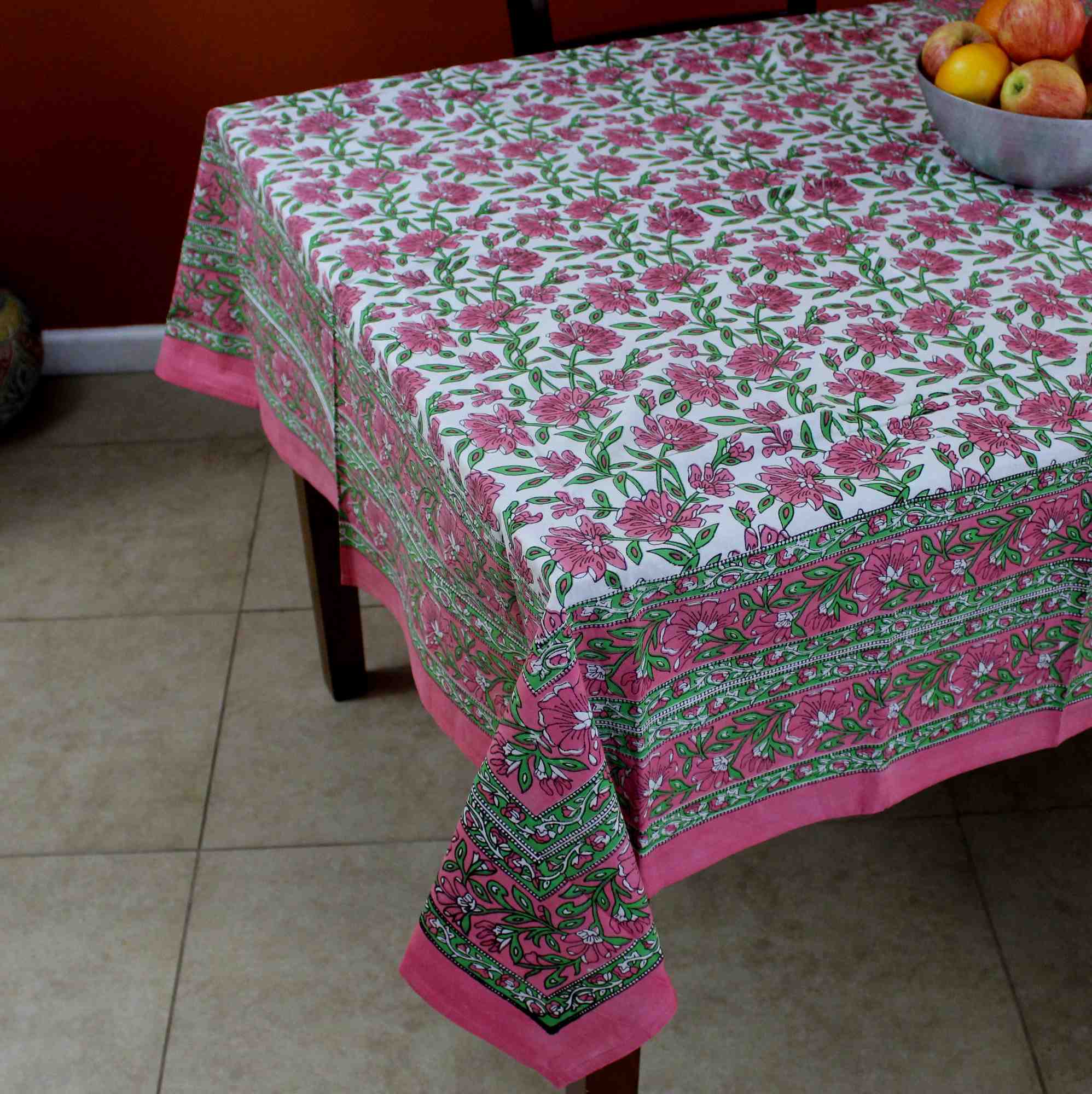 Hand Block Print Floral Cotton Tablecloth Square 60 x 60 inches Pink Green Blue Gold Red - Sweet Us