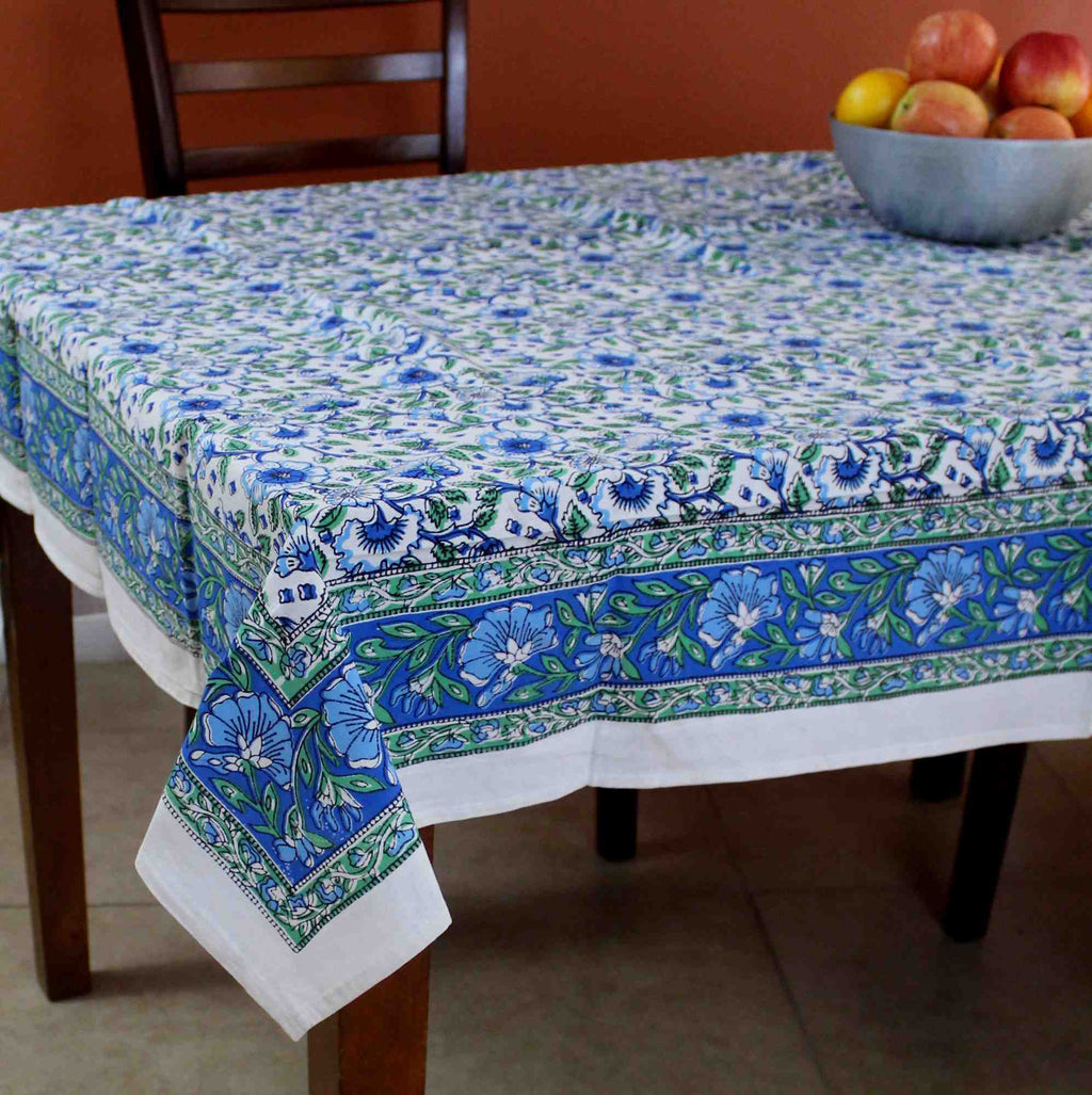 Handmade Hand Block Print 100% Cotton Eternal Floral Vine Tablecloth 60x60 Blue Green - Sweet Us
