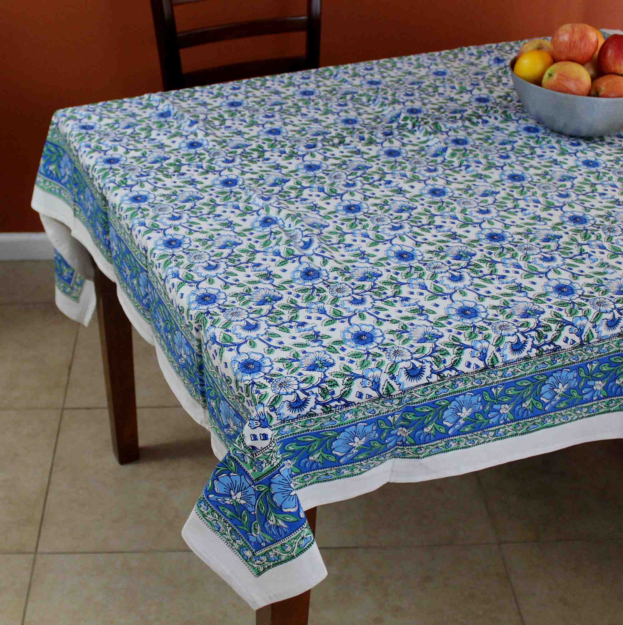 Handmade Hand Block Print 100% Cotton Eternal Floral Vine Tablecloth 60x60 Blue Green - Sweet Us