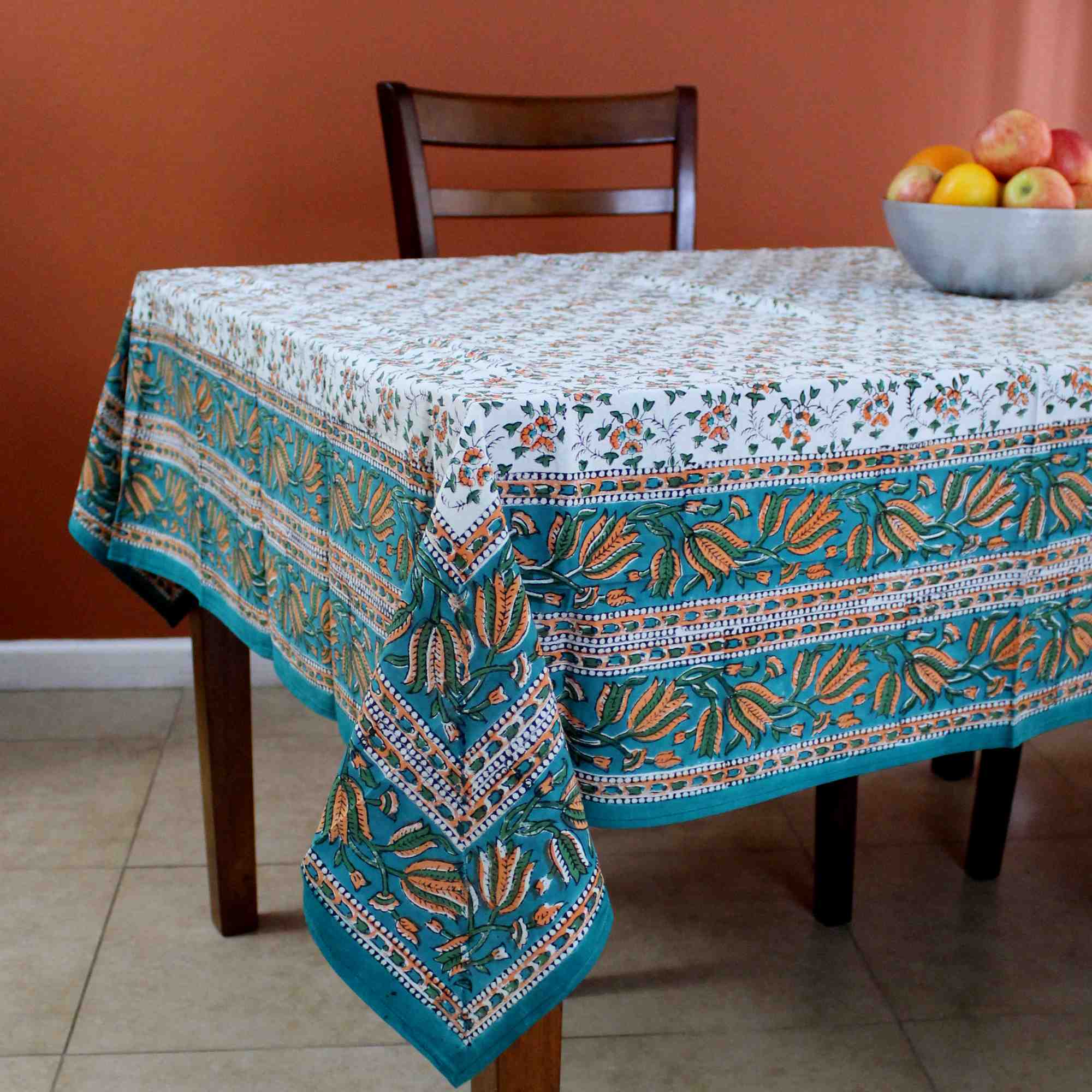 Handmade Hand Block Print 100% Cotton Eternal Floral Vine Tablecloth 60x60 Orange Green - Sweet Us