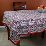 Hand Block Print Cotton Eternal Floral Vine Tablecloth Square 60x60 Red Gold Green - Sweet Us