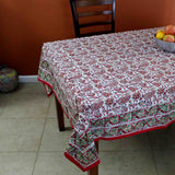 Hand Block Print Cotton Eternal Floral Vine Tablecloth Square 60x60 Red Gold Green - Sweet Us