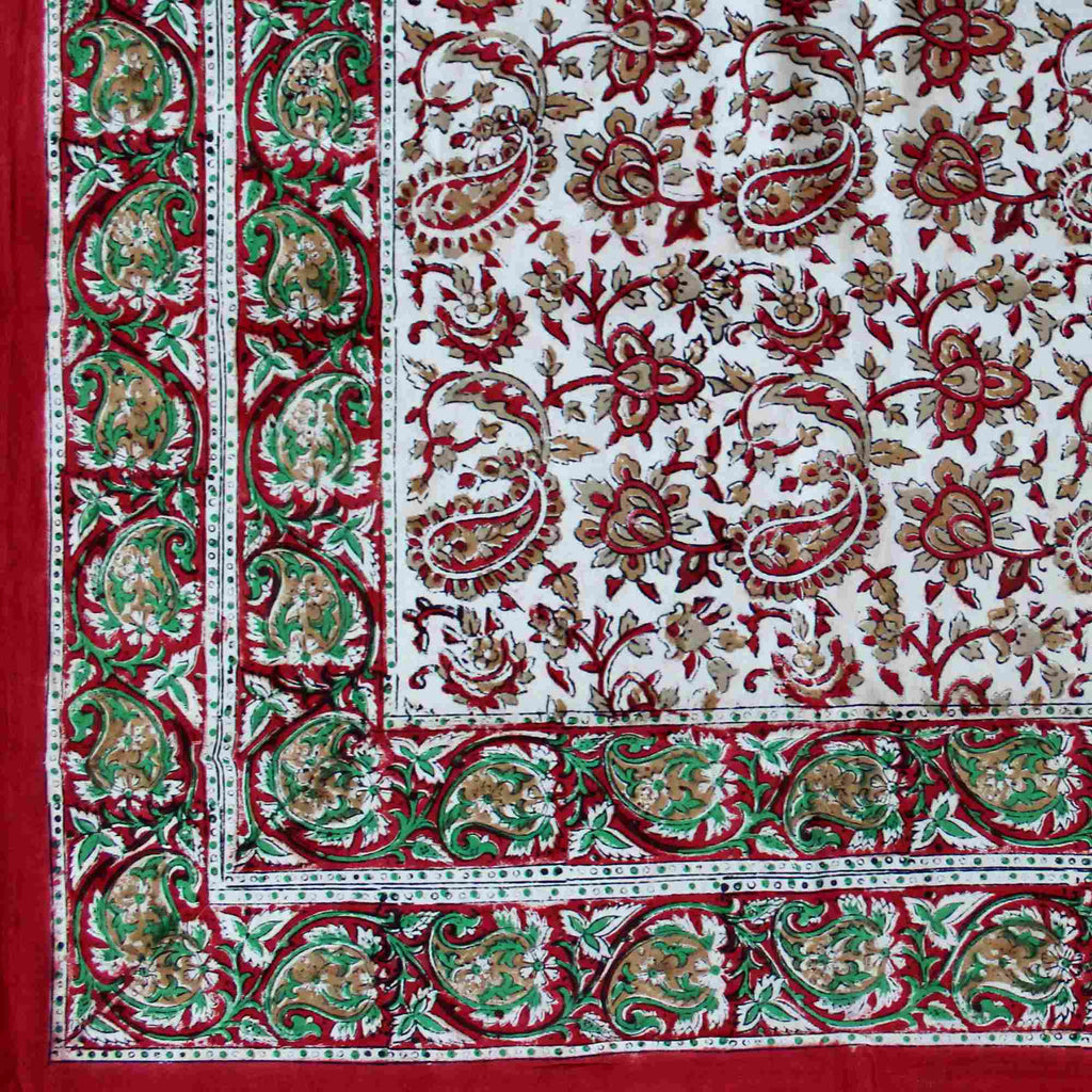 Hand Block Print Cotton Eternal Floral Vine Tablecloth Square 60x60 Red Gold Green - Sweet Us