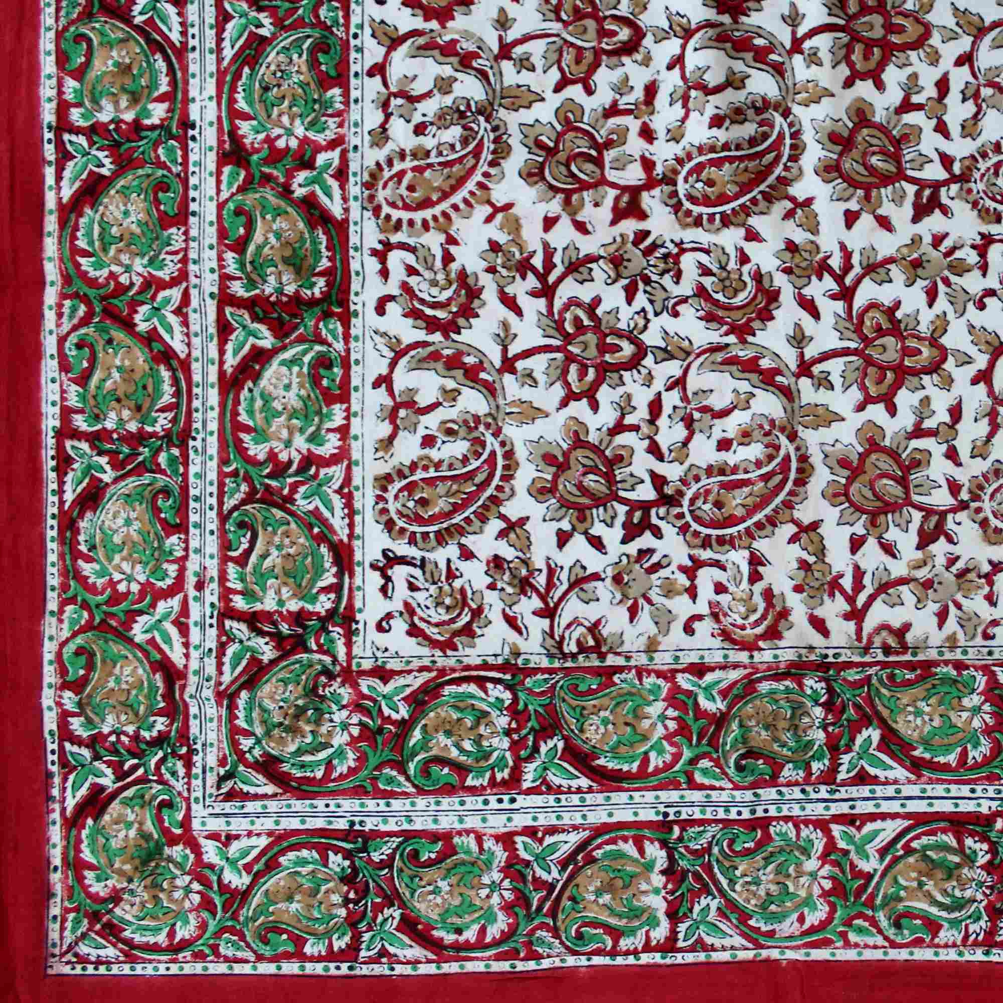 Hand Block Print Cotton Eternal Floral Vine Tablecloth Square 60x60 Red Gold Green - Sweet Us