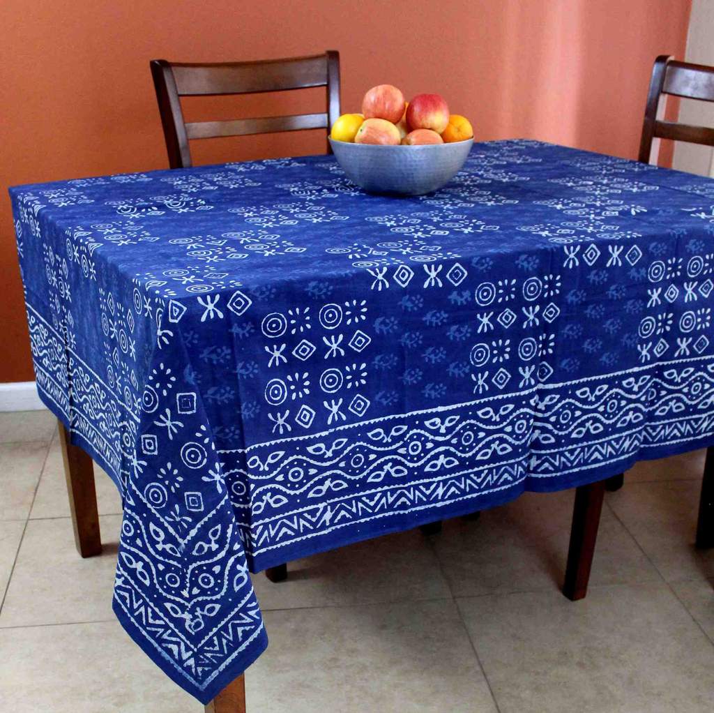 Cotton Hand Block Print Round Tablecloth Square Dabu Indigo Blue Black - Sweet Us