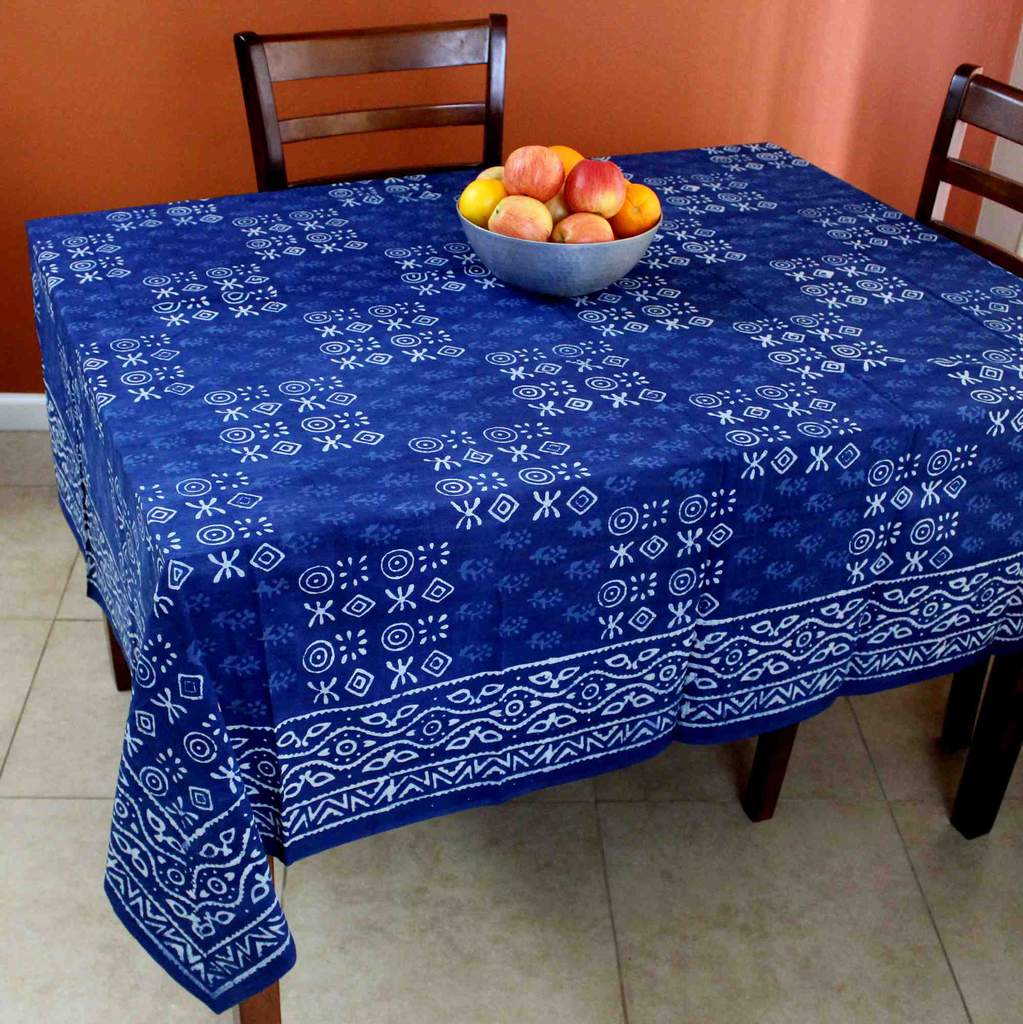 Cotton Hand Block Print Round Tablecloth Square Dabu Indigo Blue Black - Sweet Us