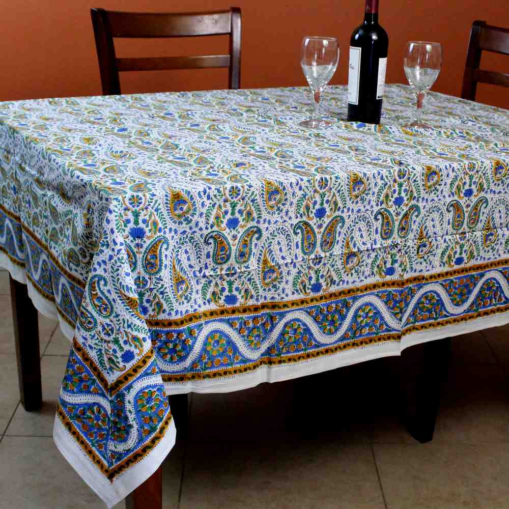 Cotton Hand Block Print Floral Tablecloth Square 72 x 72 inches Gold Blue - Sweet Us