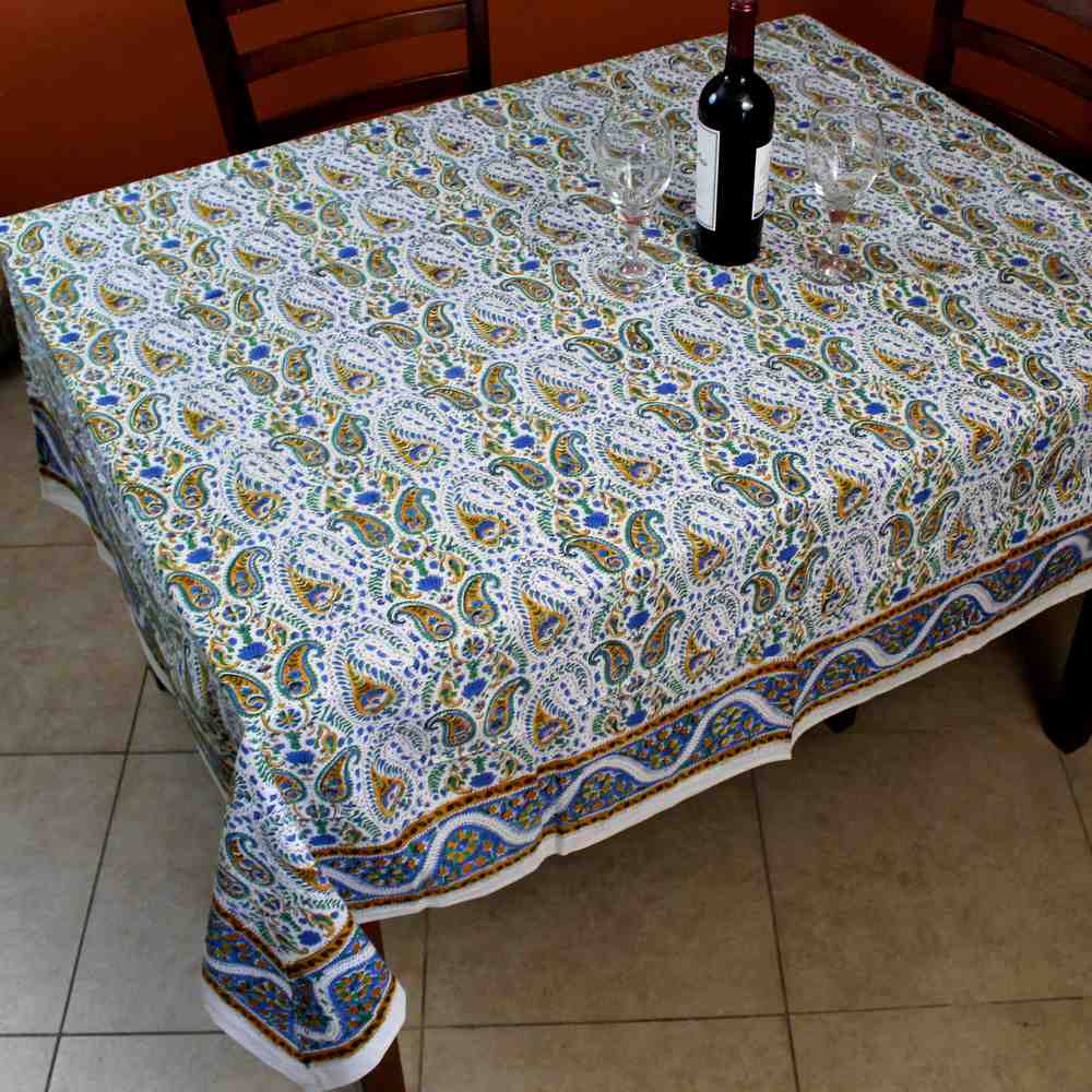 Cotton Hand Block Print Floral Tablecloth Square 72 x 72 inches Gold Blue - Sweet Us