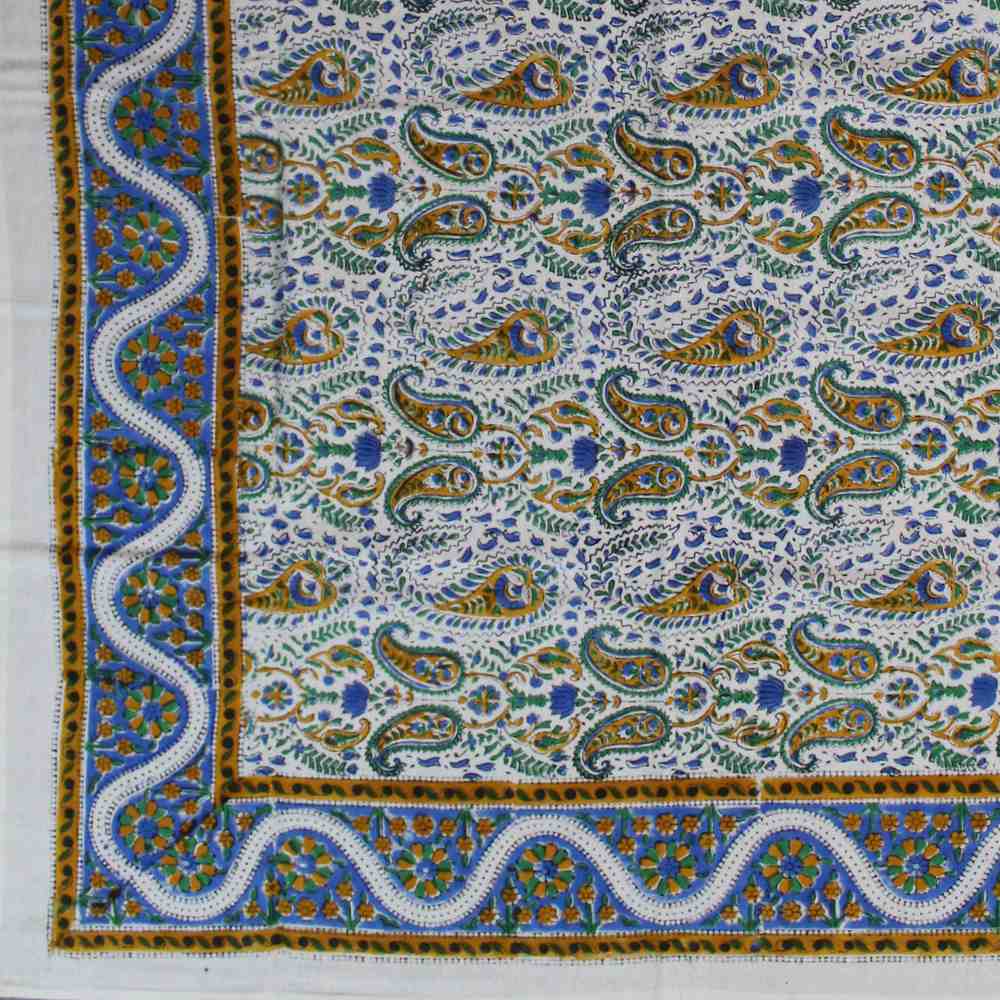 Cotton Hand Block Print Floral Tablecloth Square 72 x 72 inches Gold Blue - Sweet Us