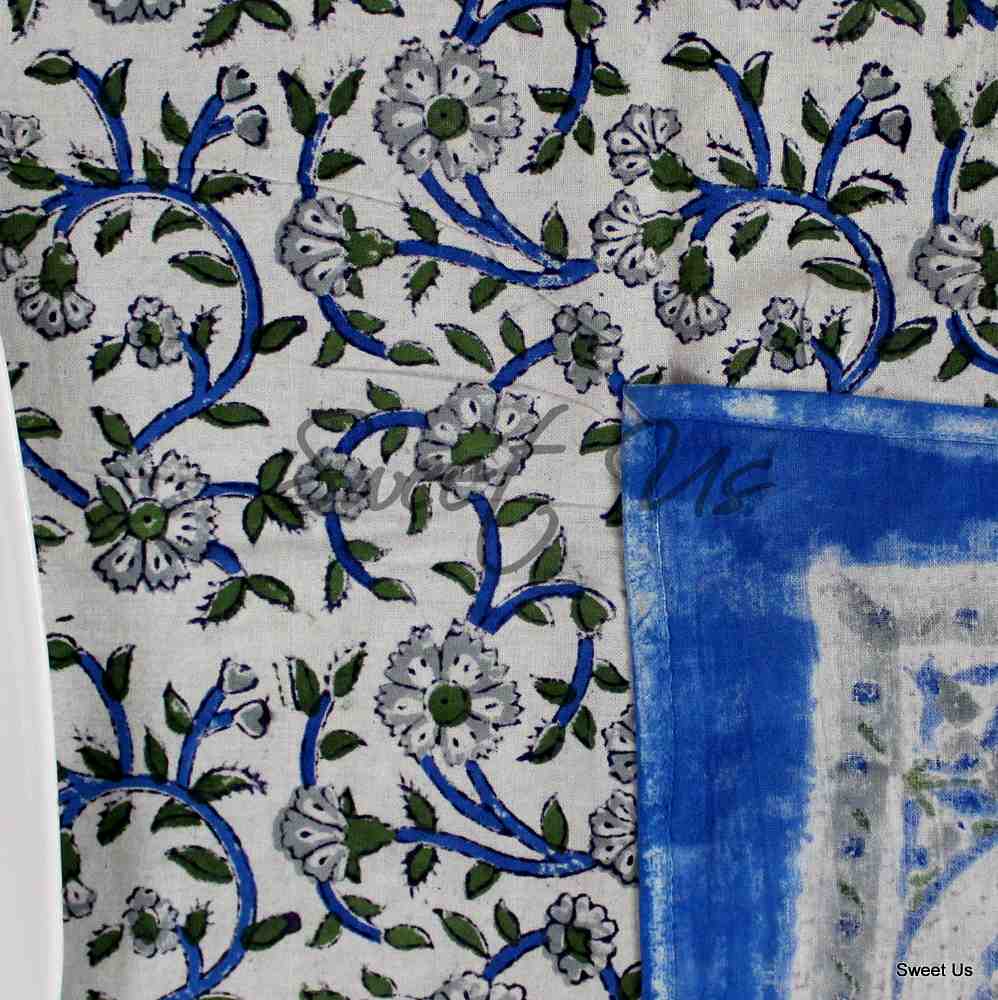 Botanical Serenity Block Print Cotton Floral Square Tablecloth White
