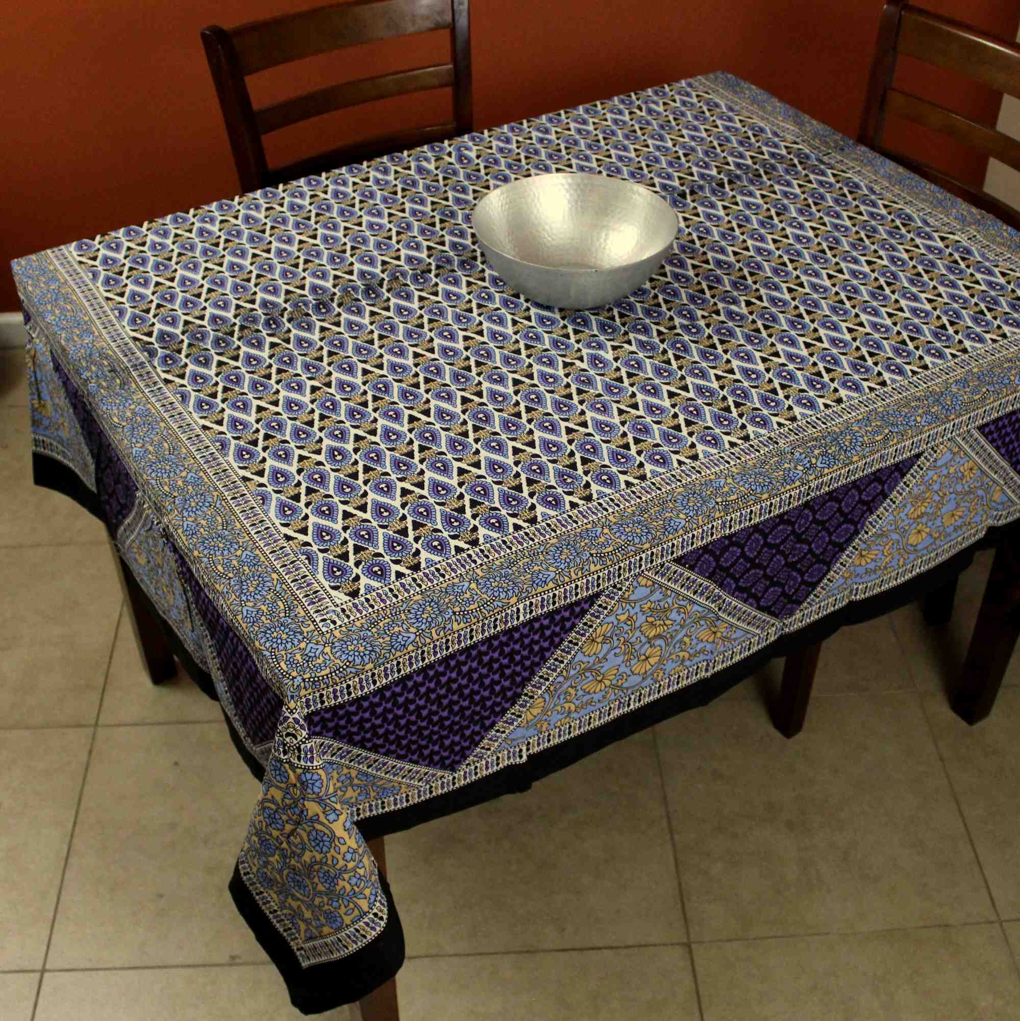 Cotton Floral 70 inches Tablecloth for Square Tables Blue Green Tan Purple - Sweet Us