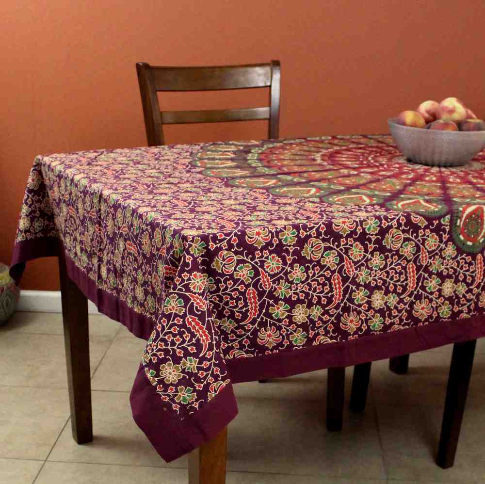 Peacock Mandala Cotton Floral Round Tablecloth Rectangle Burgundy Green
