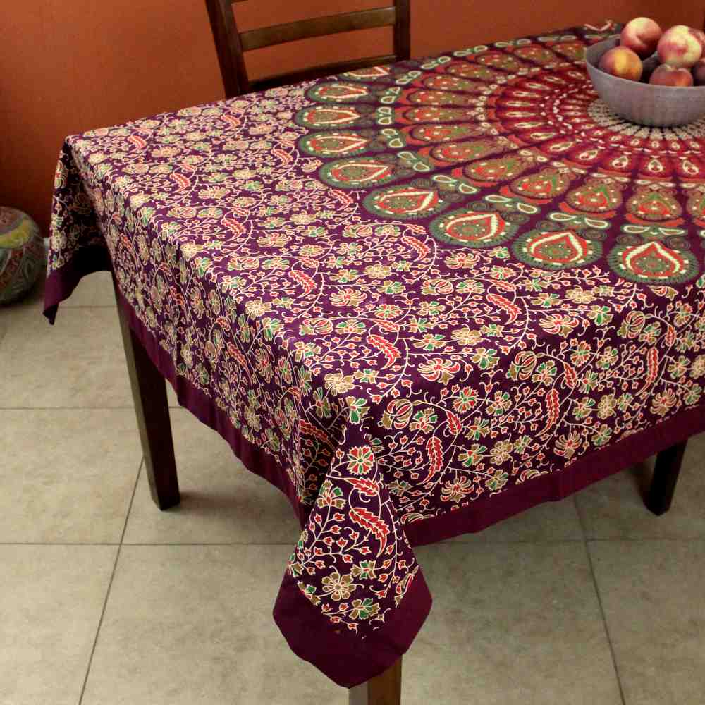 Peacock Mandala Cotton Floral Round Tablecloth Rectangle Burgundy Green