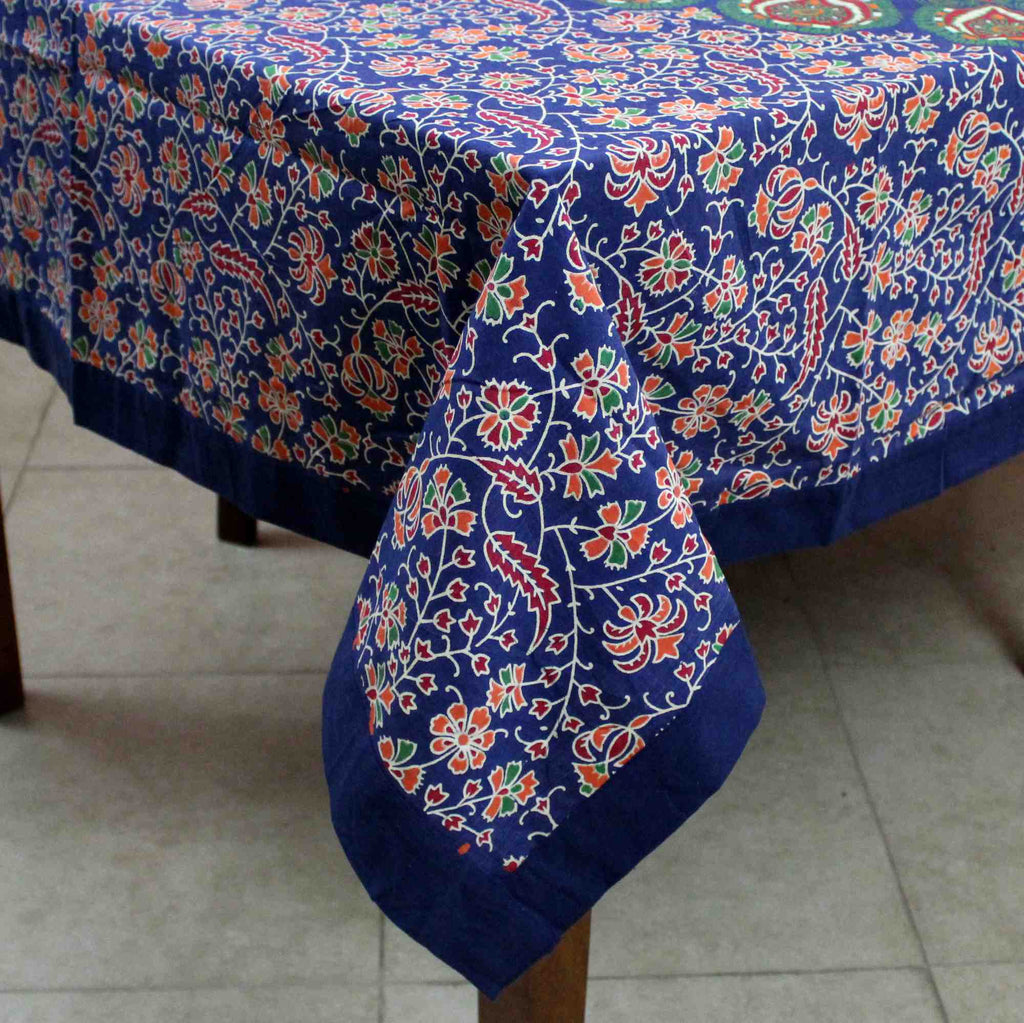 Sanganer Peacock Mandala Cotton Round Tablecloth Rectangle 60x90 Rust Gold Green - Sweet Us