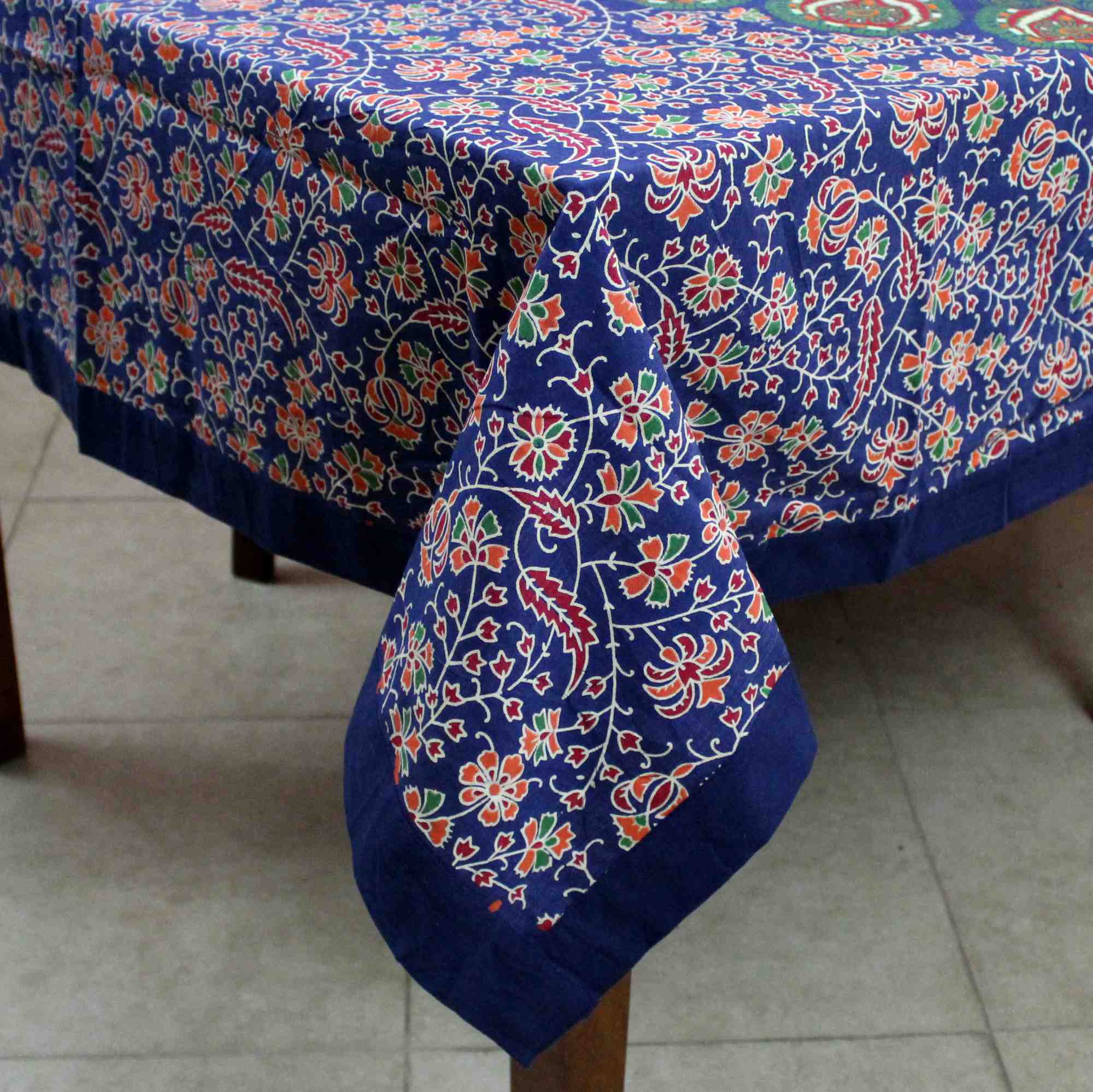 Sanganer Peacock Mandala Cotton Round Tablecloth Rectangle 60x90 Rust Gold Green - Sweet Us