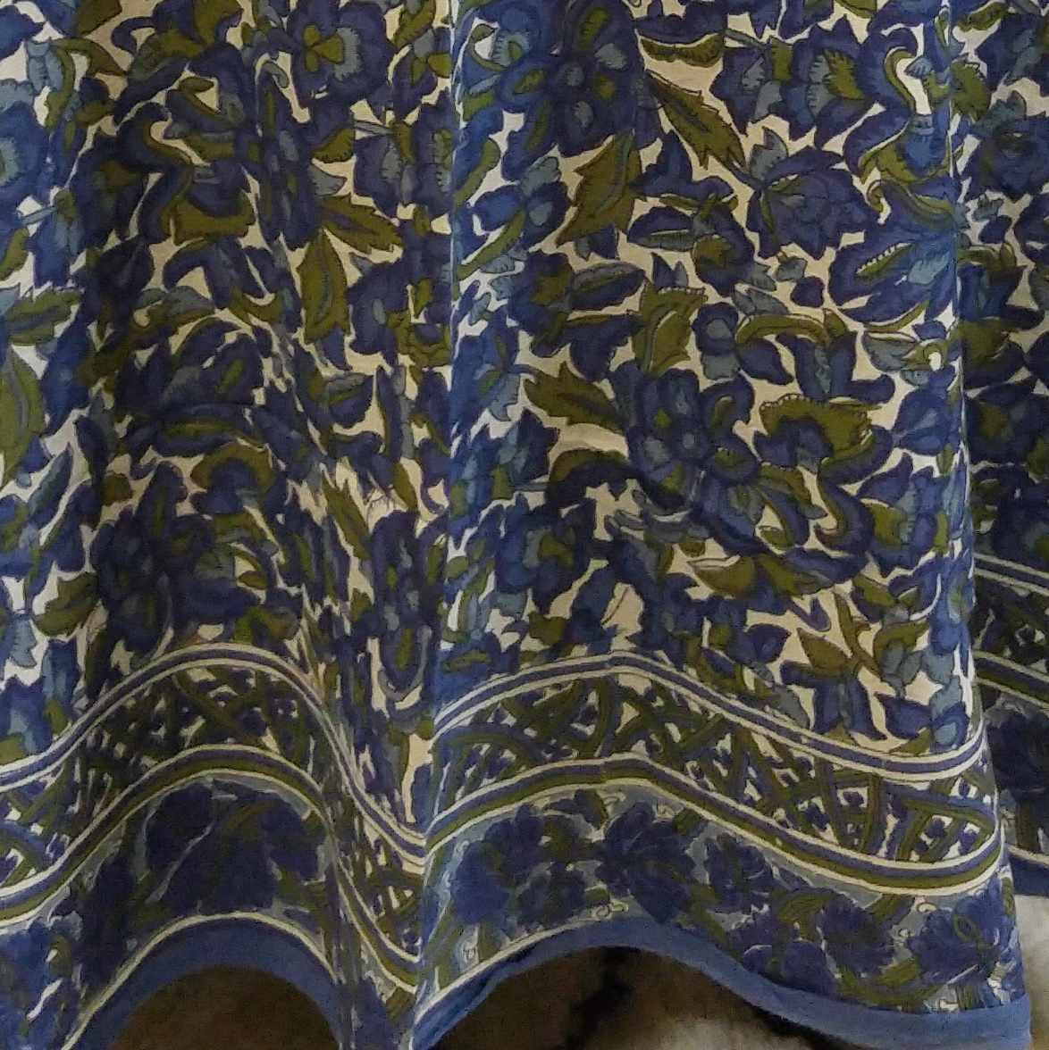 Cotton Floral 88 inches Round Tablecloth Blue Olive Green Roundy Beach Sheet - Sweet Us