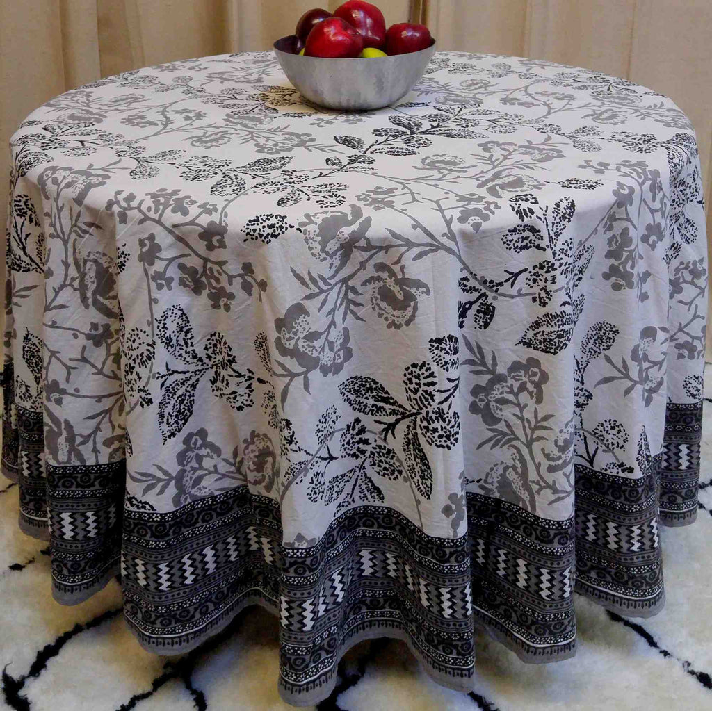 Handmade 100% Cotton Elegant Floral Tablecloth 90" Round Gray White - Sweet Us