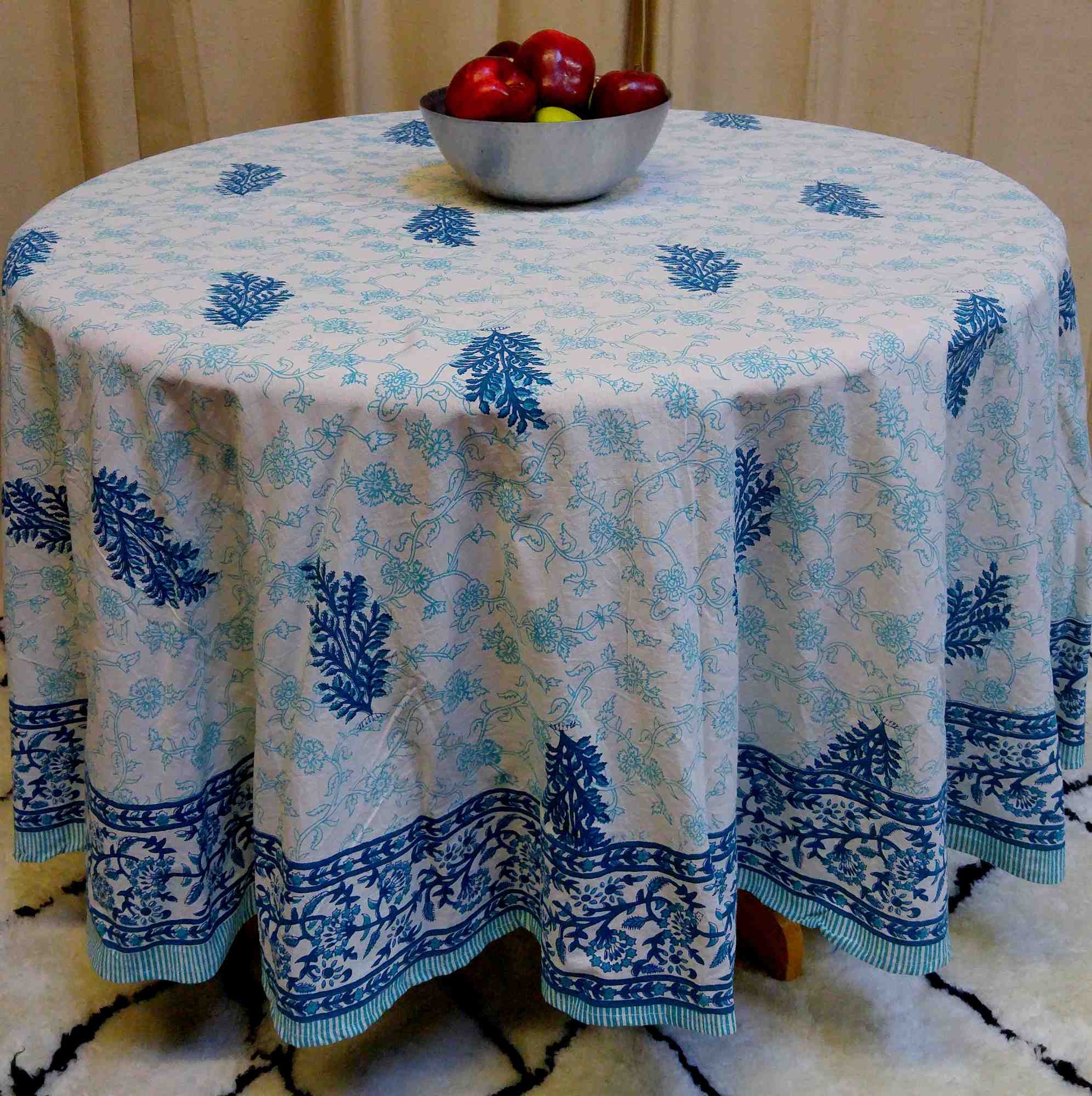 Handmade 100% Cotton Floral Tablecloth 90" Round Teal Aqua - Sweet Us