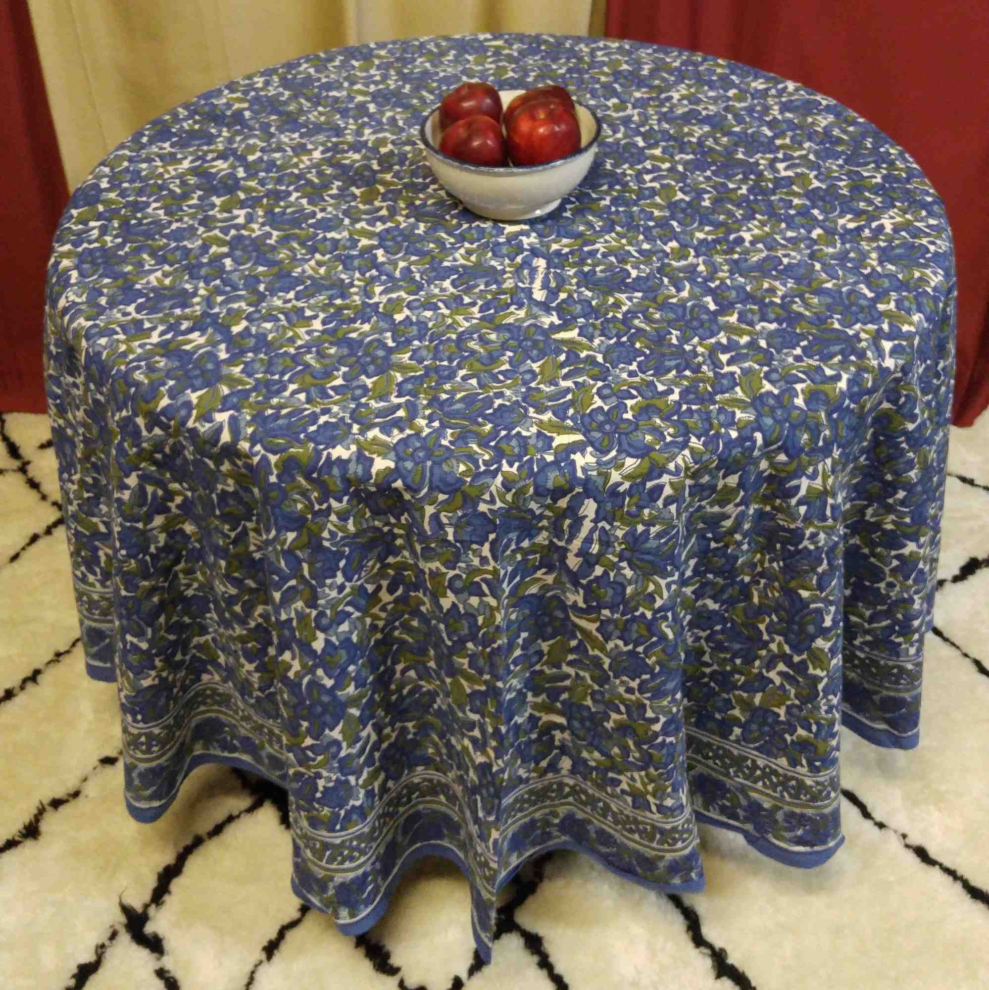 Cotton Floral 88 inches Round Tablecloth Blue Olive Green Roundy Beach Sheet - Sweet Us